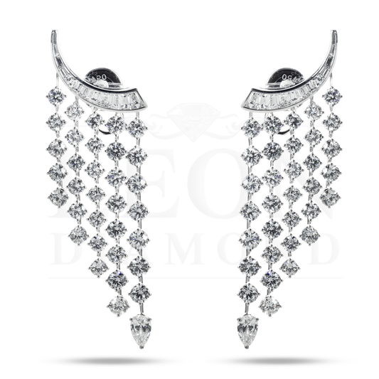 18K White Gold Round Diamond Waterfall Earrings 11.06Ctw