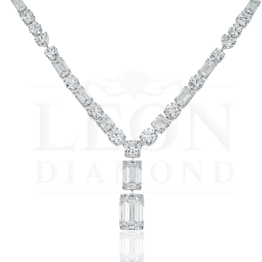 18K White Gold Round & Emerald Cut Diamond Necklace 97.90Ct Necklace