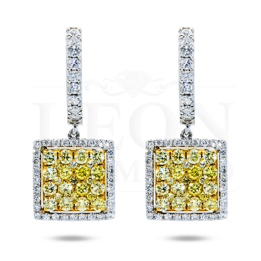 18K White Gold Round Fancy Yellow Diamond Square Drop Earring 2.19Ctw Earrings