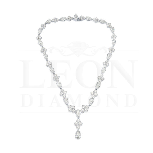 18K White Gold Round & Pear Cut Diamond Drop Necklace 52.43Ct Necklace