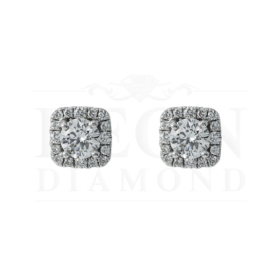 18K White Gold Square Shape Round Cut Diamond Cluster Stud Earrings 1.32Ctw