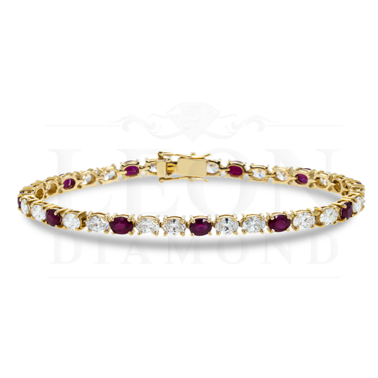 18K Yellow Gold Oval Cut Ruby & Diamond Tennis Bracelet Bracelets