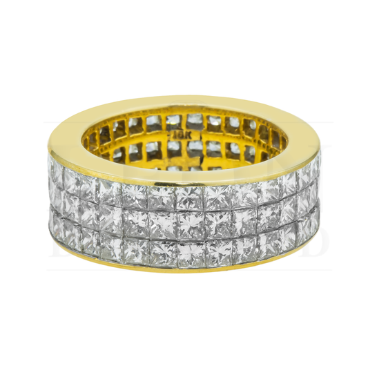 18K Yellow Gold Triple Row Princess Cut Diamond Eternity Ring 6.96Ct Rings