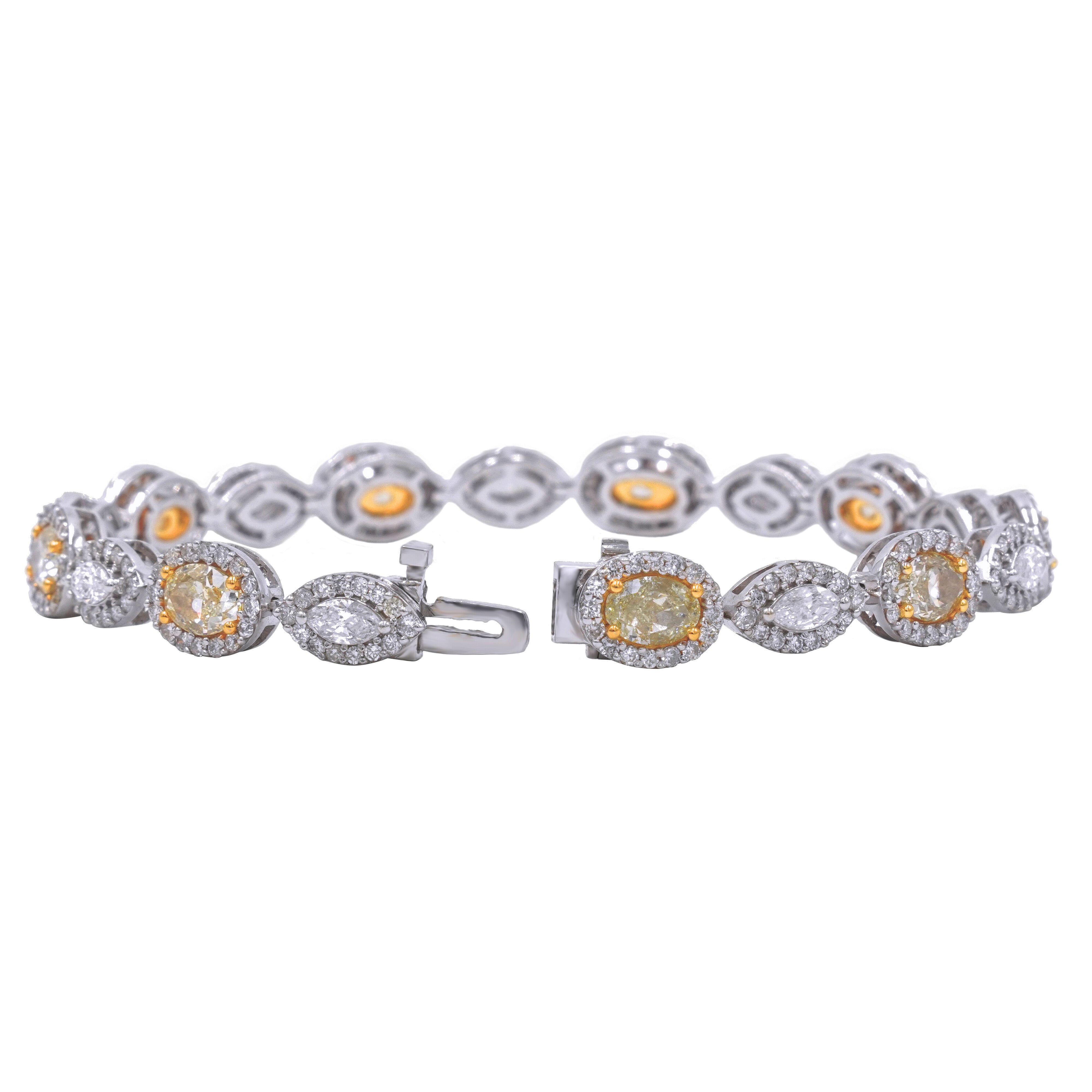 14K Two Tone Marquise & Oval Cut Fancy Yellow Diamond Bracelet 10.56Ct Bracelets