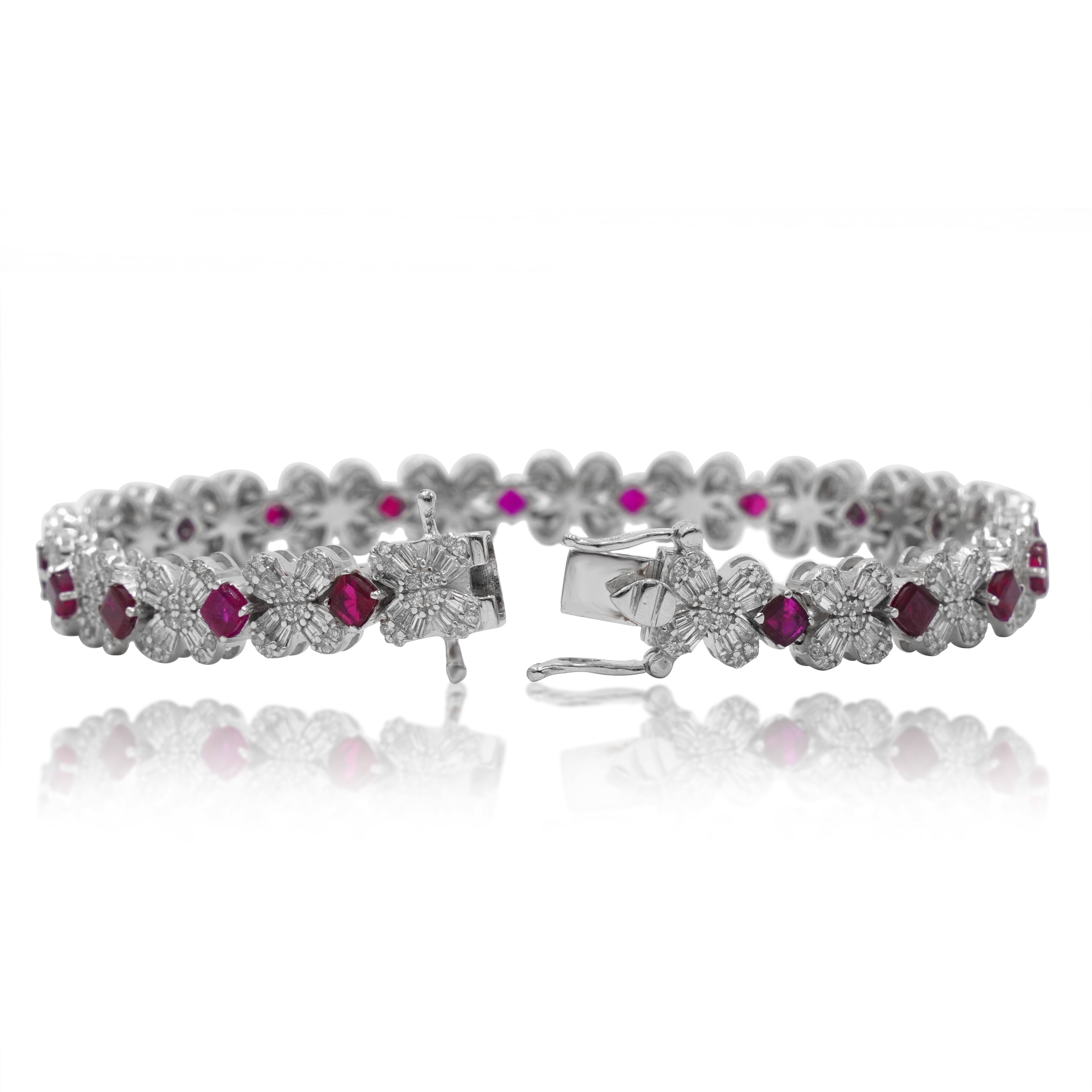 14K White Gold Asscher Cut Ruby & Diamond Bracelet Bracelets