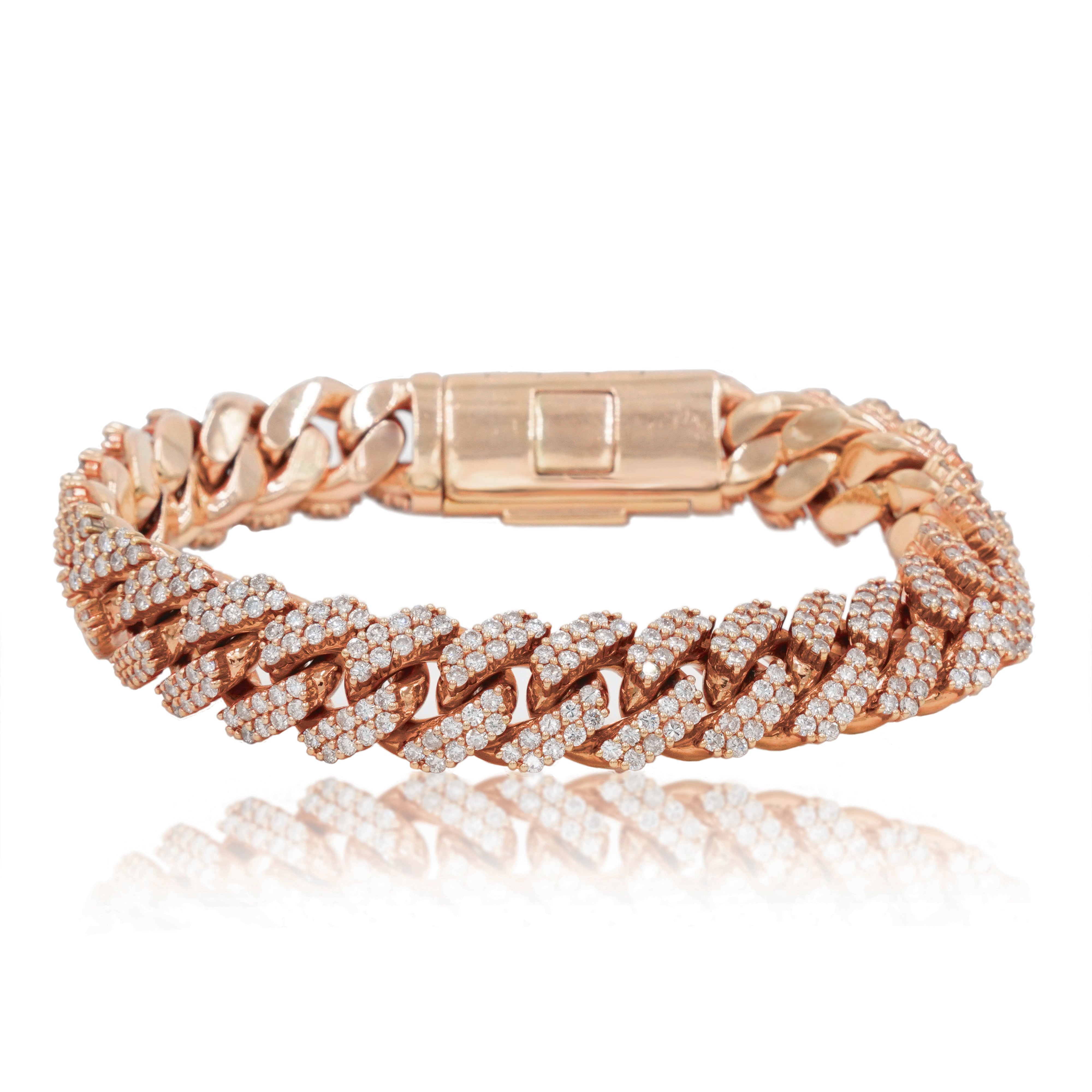14K Rose Gold 12.5Mm Round Diamond Cuban Link Bracelet 10.97Ct Bracelets