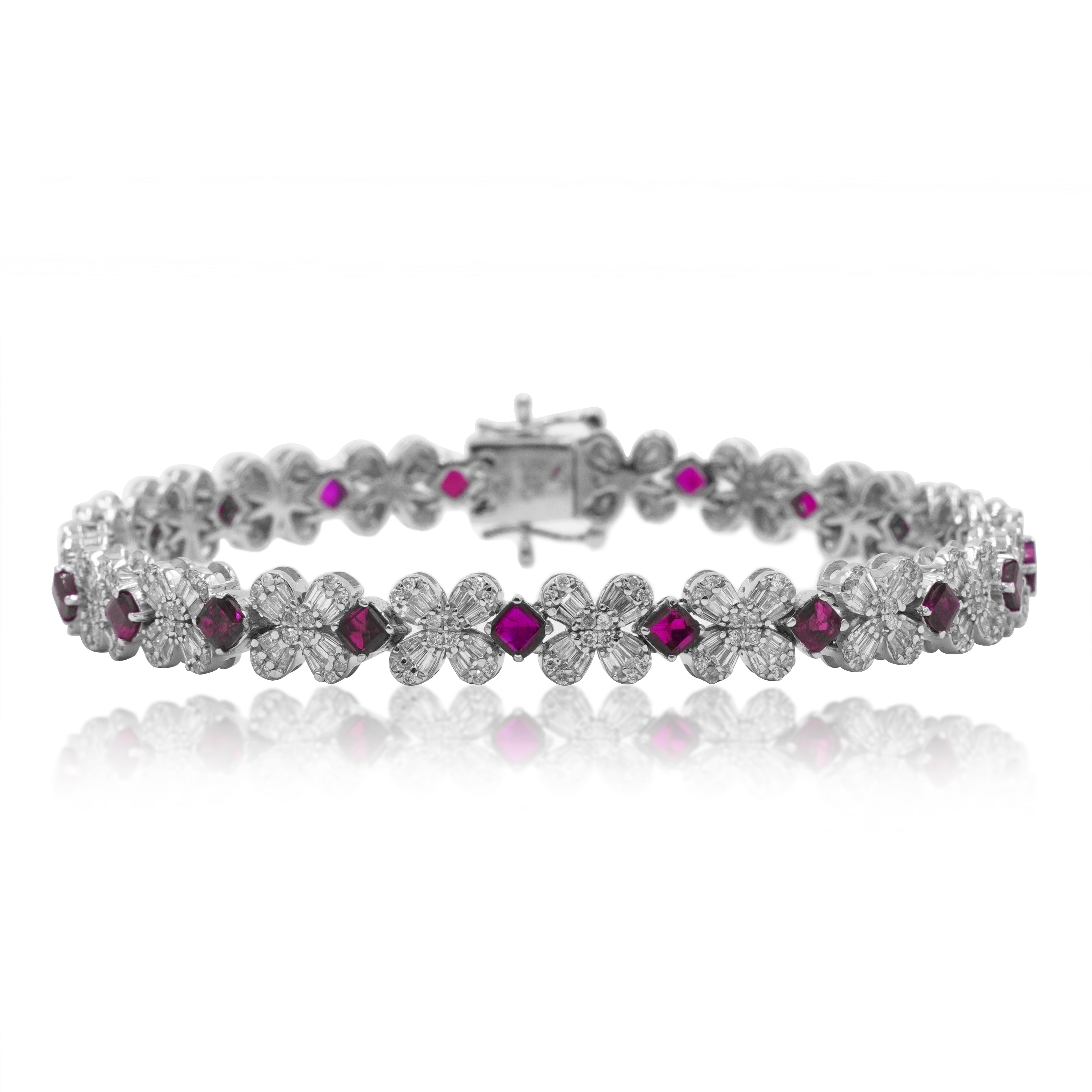 14K White Gold Asscher Cut Ruby & Diamond Bracelet Bracelets