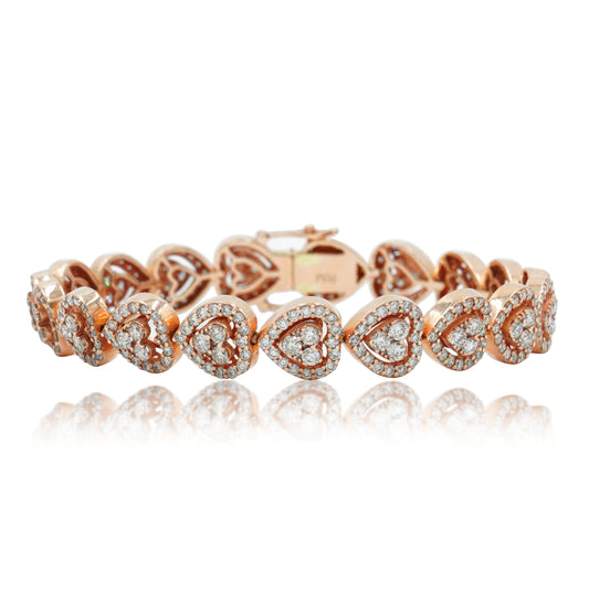 14K Rose Gold Round Diamond Heart Shaped Bracelet 7.30ct