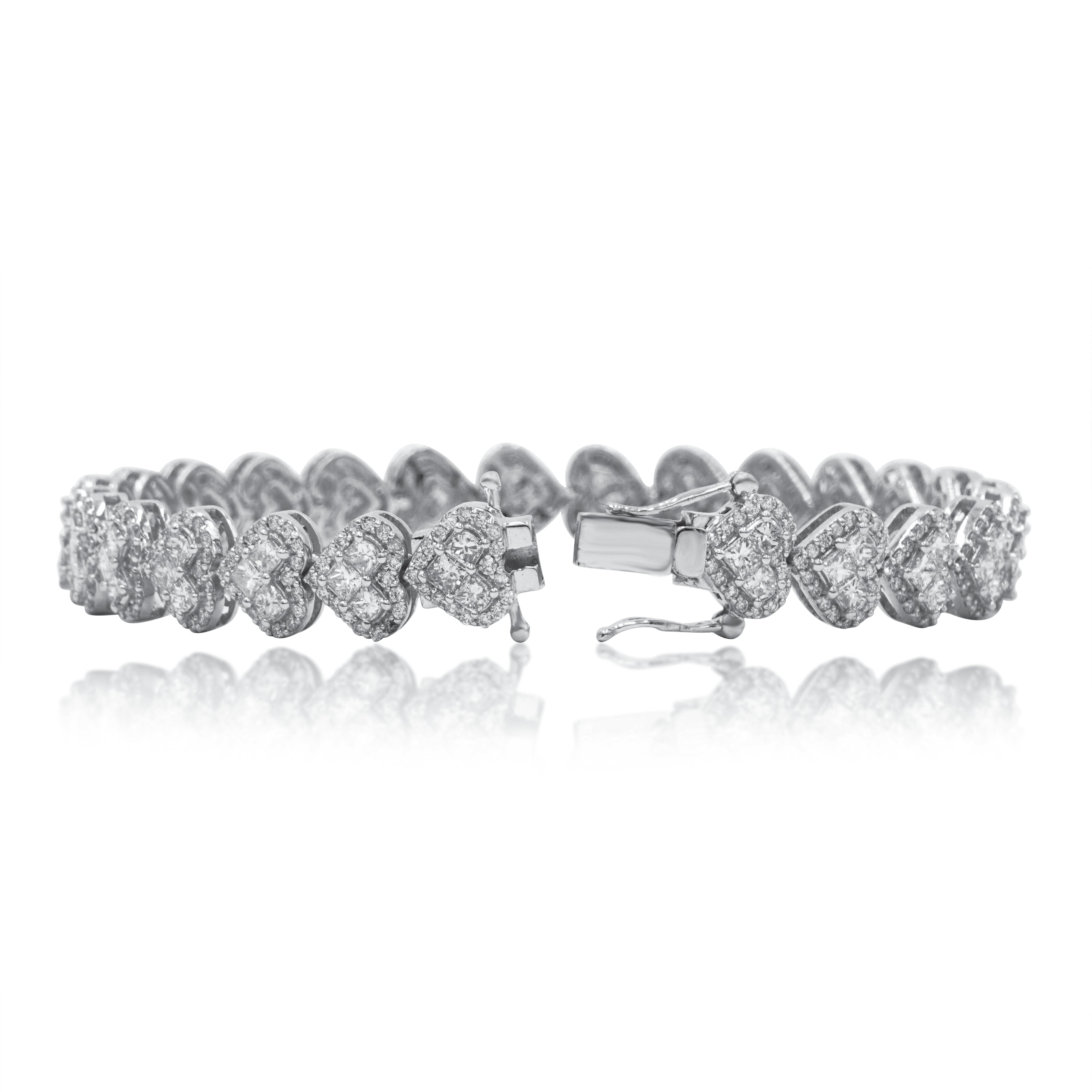 14K White Gold Princess Cut Diamond Heart Shaped Bracelet 7.97Ct Bracelets