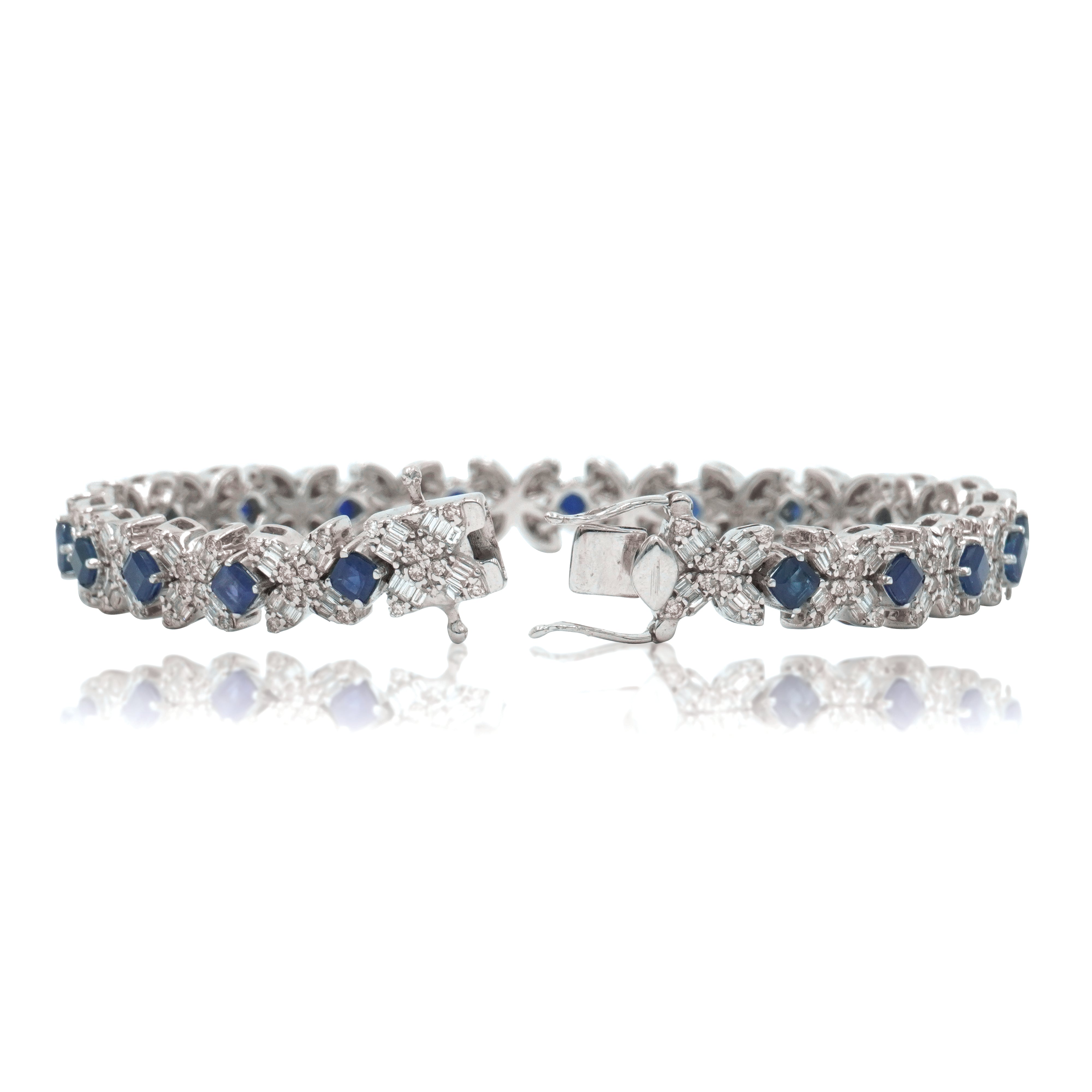 14K White Gold Asscher Cut Sapphire & Diamond Bracelet Bracelets