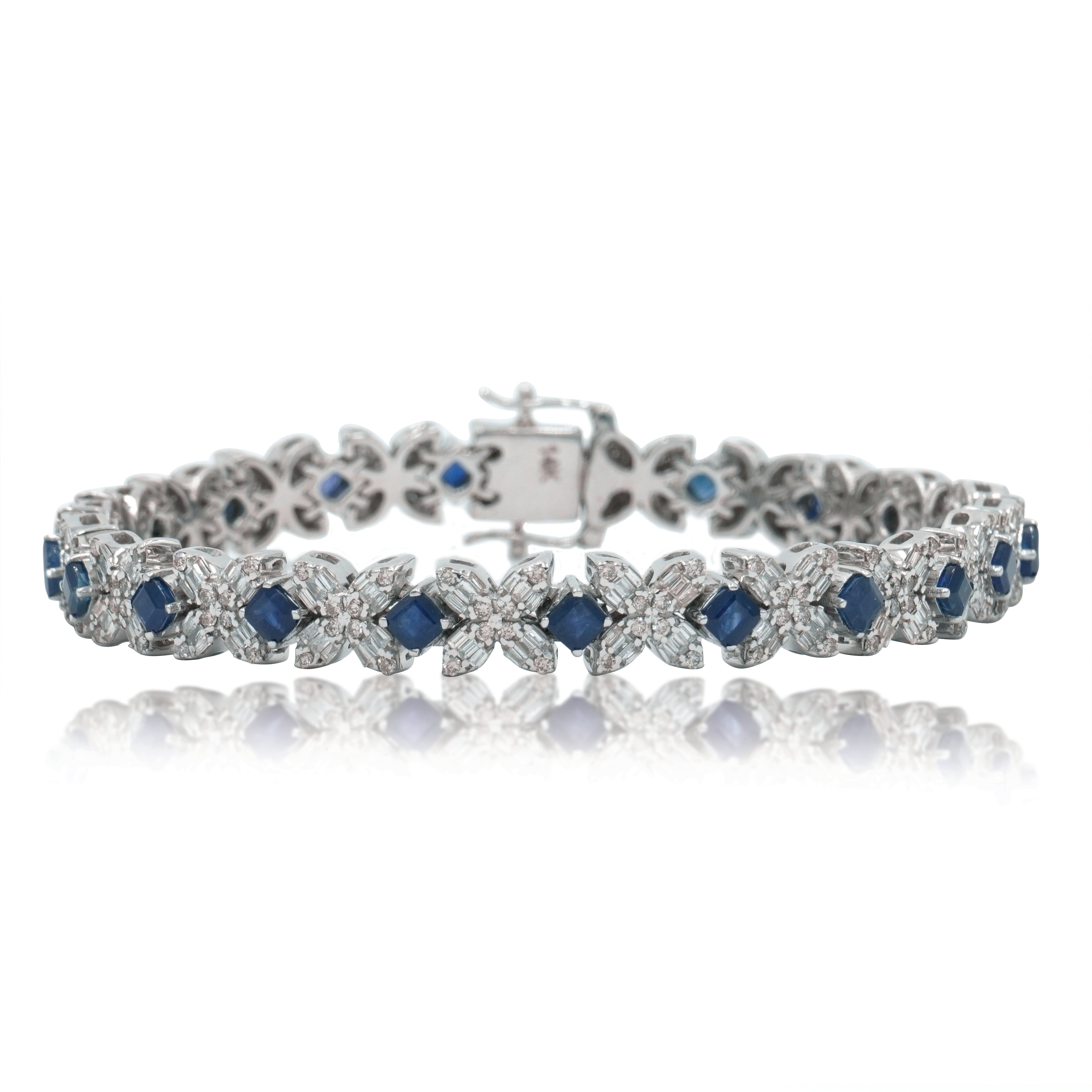 14K White Gold Asscher Cut Sapphire & Diamond Bracelet Bracelets