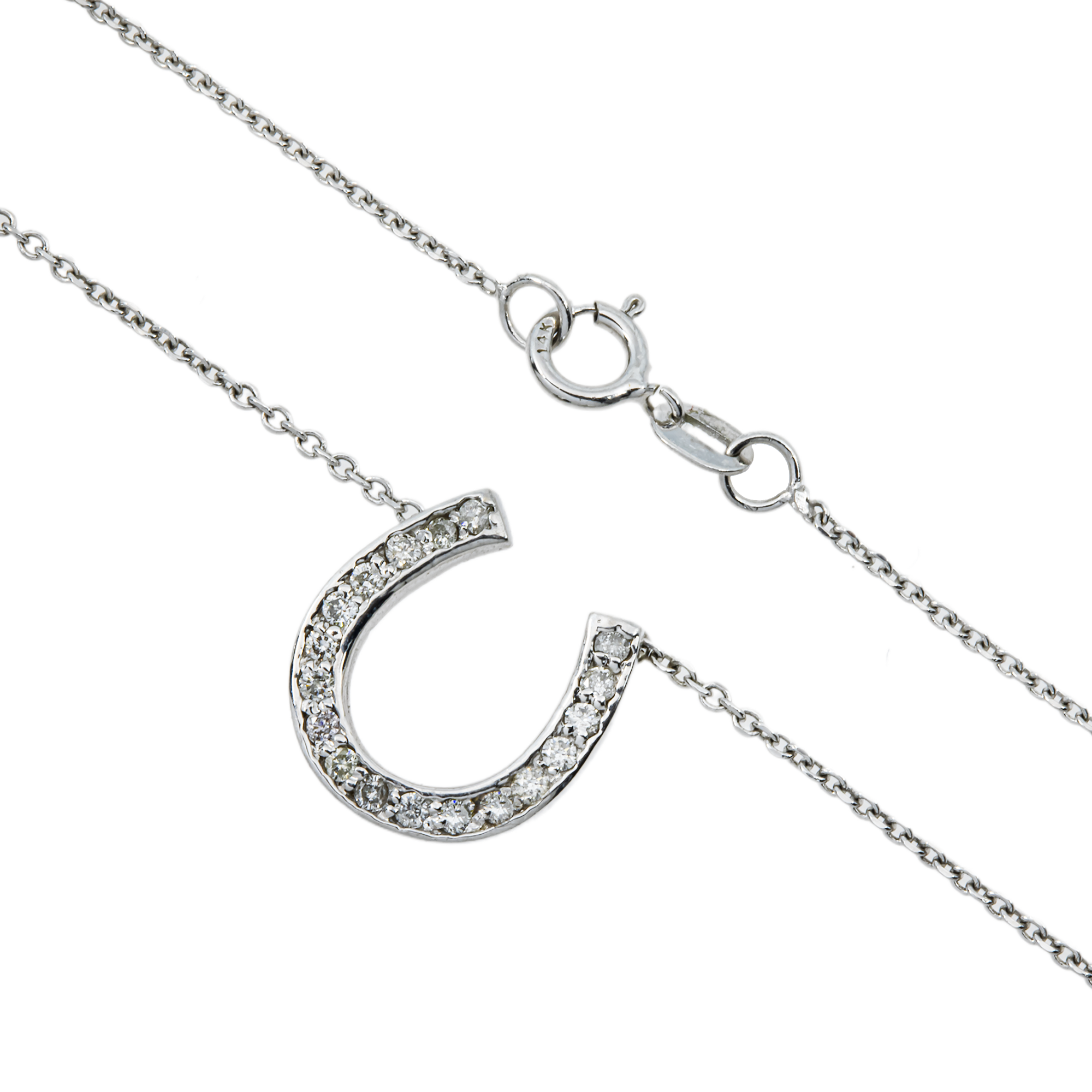 14K White Gold Round Diamond Horseshoe Pendant Necklace 0.45ct