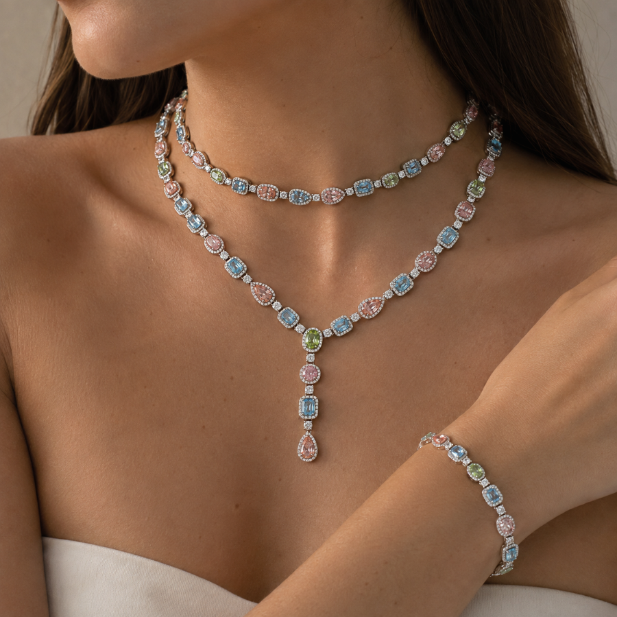 3 Piece Bundle Deal - 18K White Gold Fancy Color Necklaces + Bracelet Set