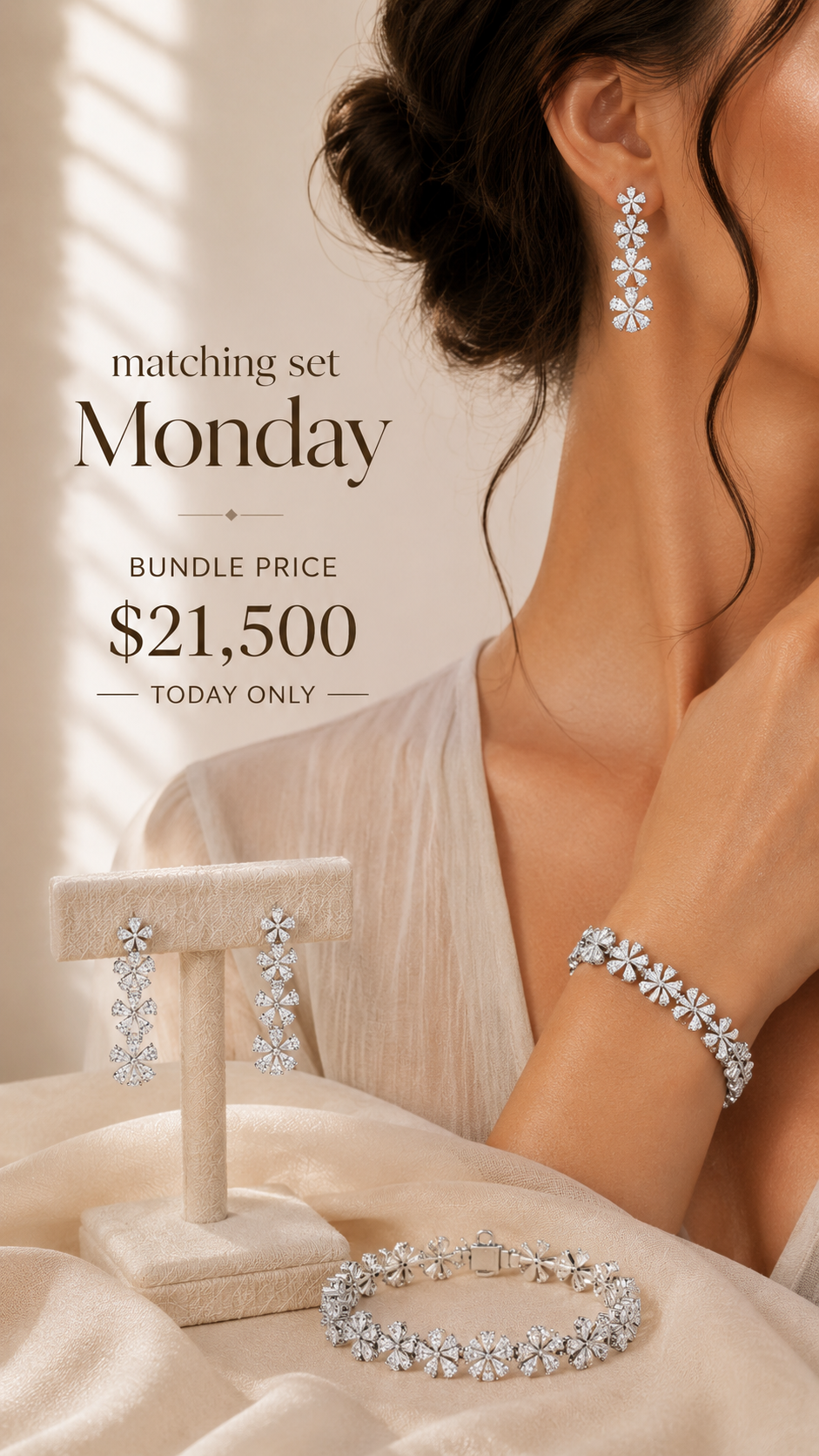 2 Piece Bundle Deal - 14K White Gold Diamond Flower Bracelet & Earring Set