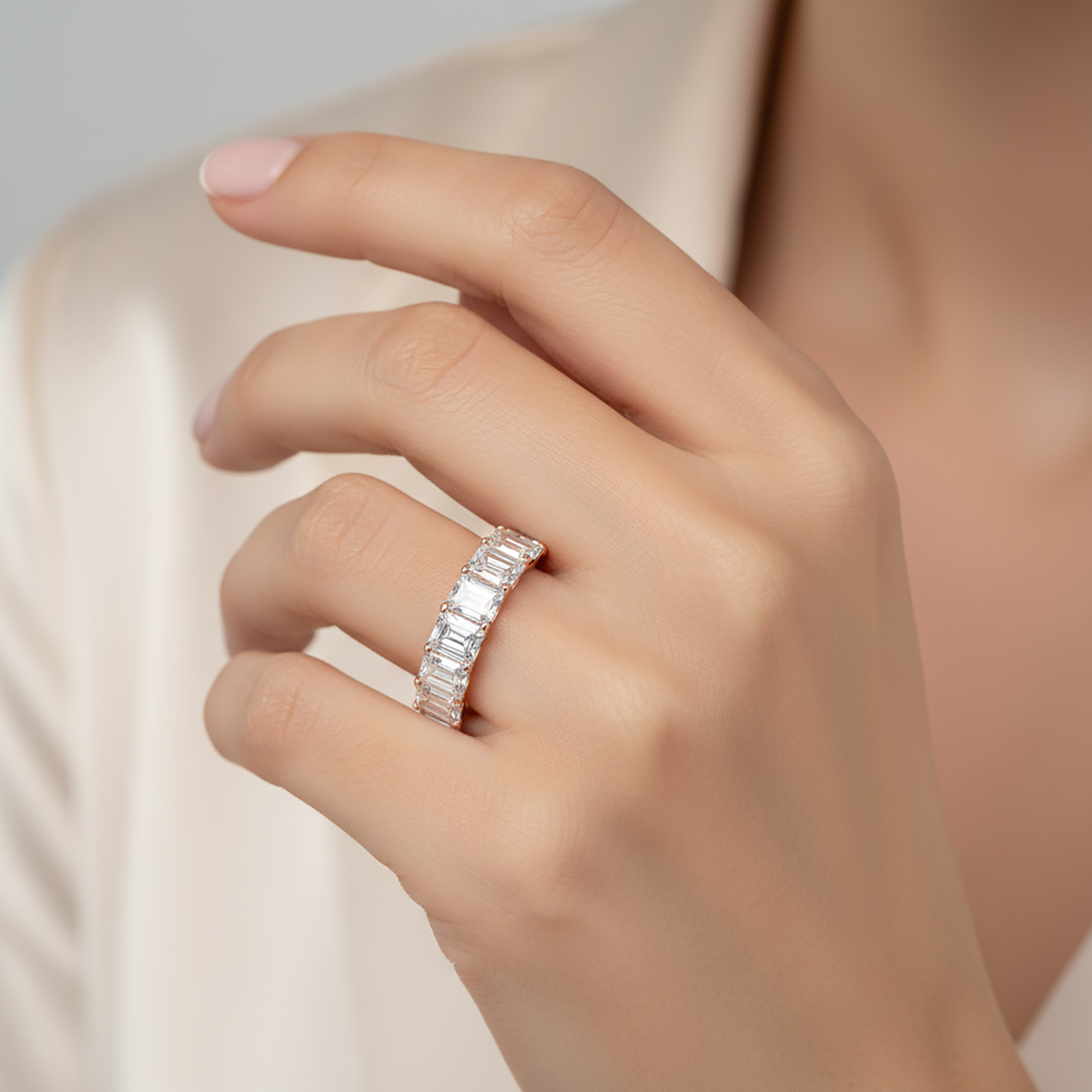 White Gold Emerald Cut Diamond Half Eternity Ring 3.87ct