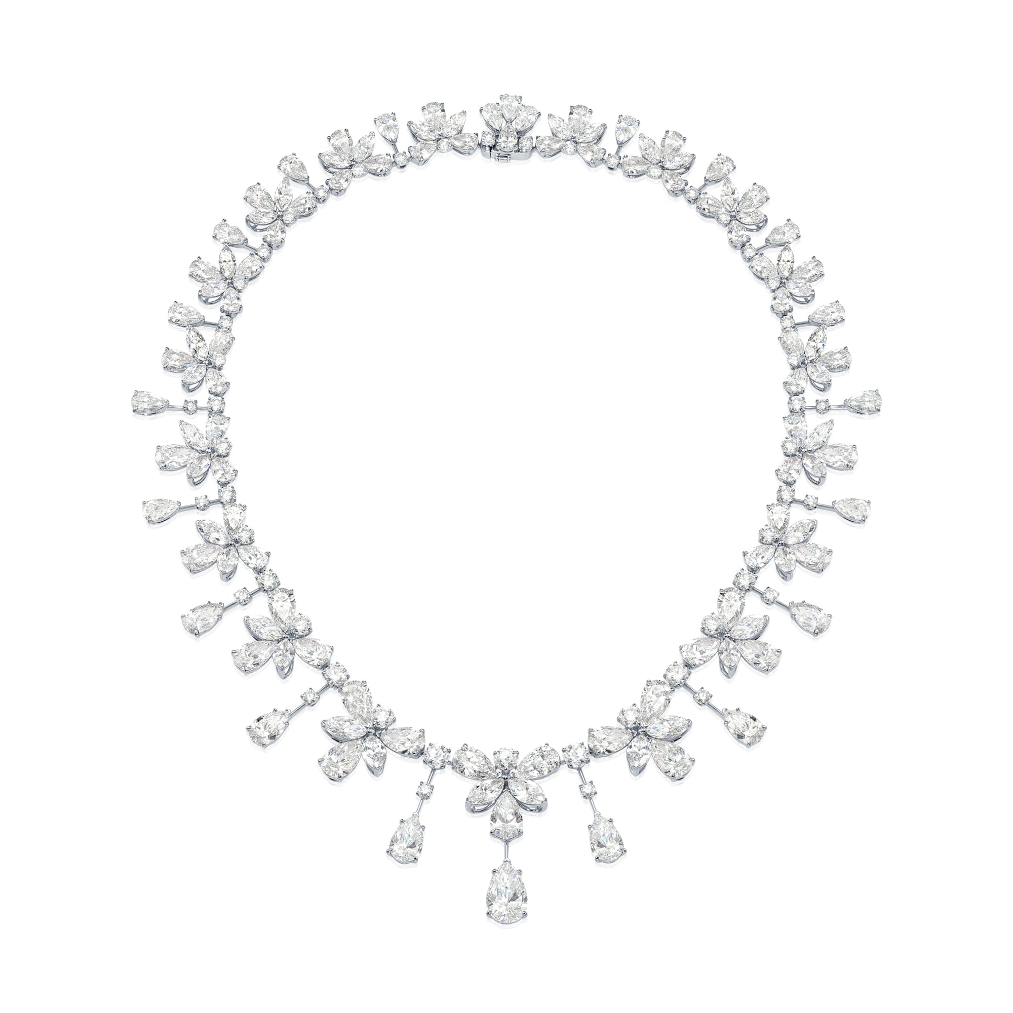 18K White Gold Round & Pear Cut Diamond Necklace 85.85Ct Necklace