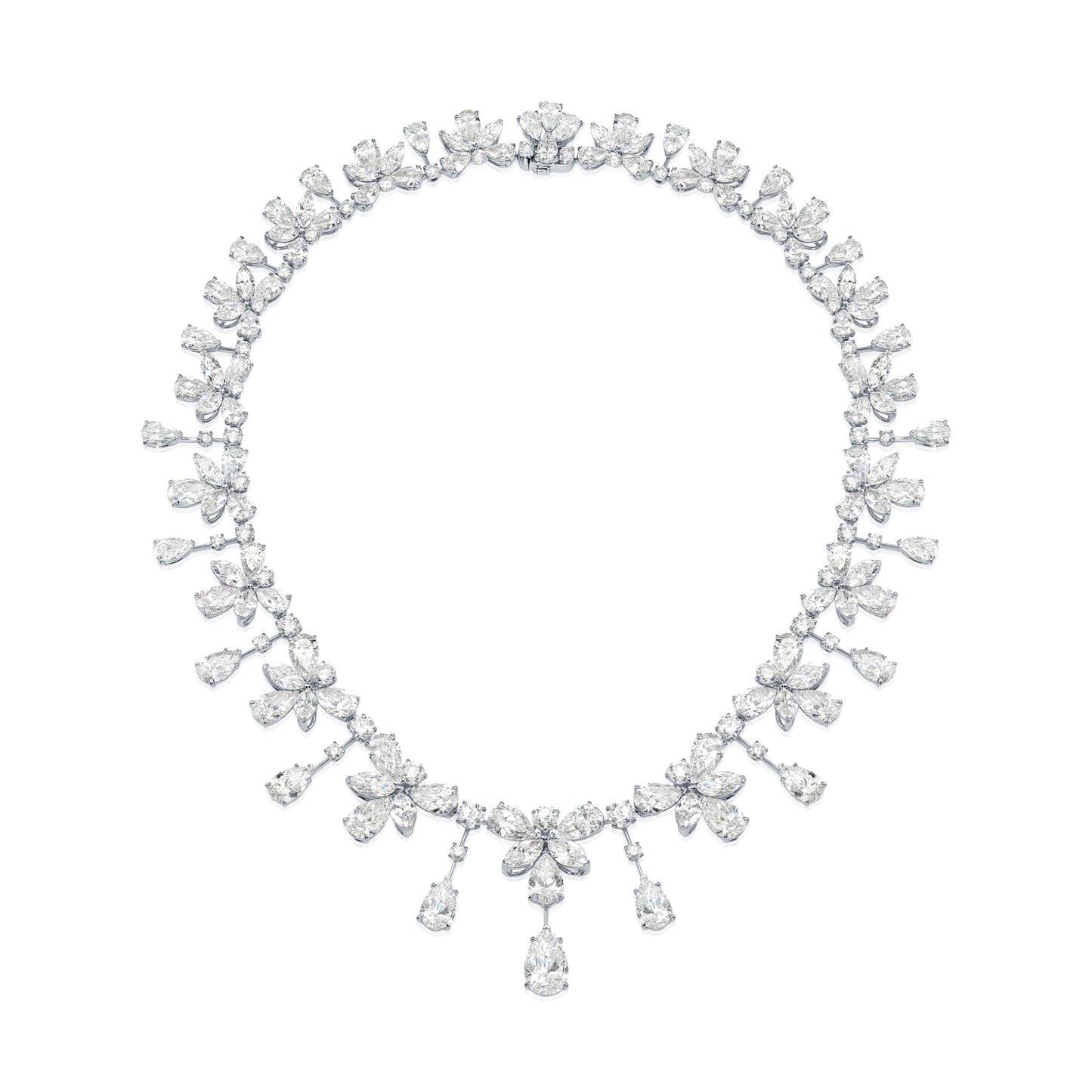 18K White Gold Round & Pear Cut Diamond Necklace 85.85ct