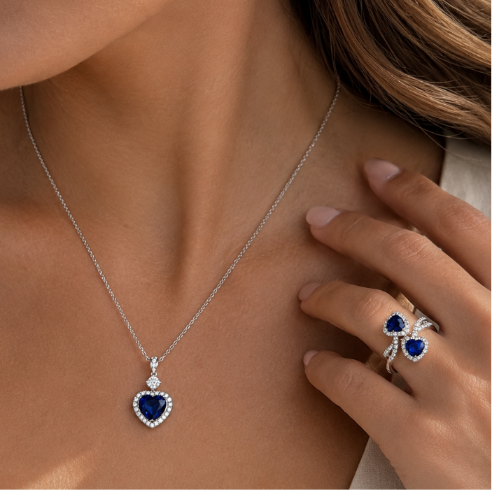 2 Piece Bundle Deal - White Gold Heart Sapphire & Diamond Necklace & Ring Set