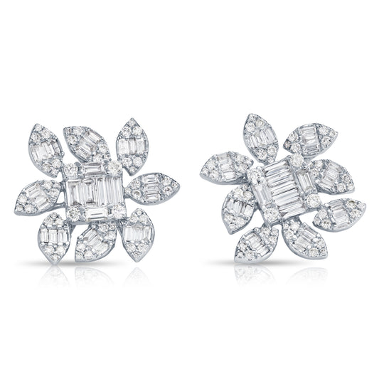 14K White Gold Baguette Diamond Flower Stud Earrings 3.35ctw