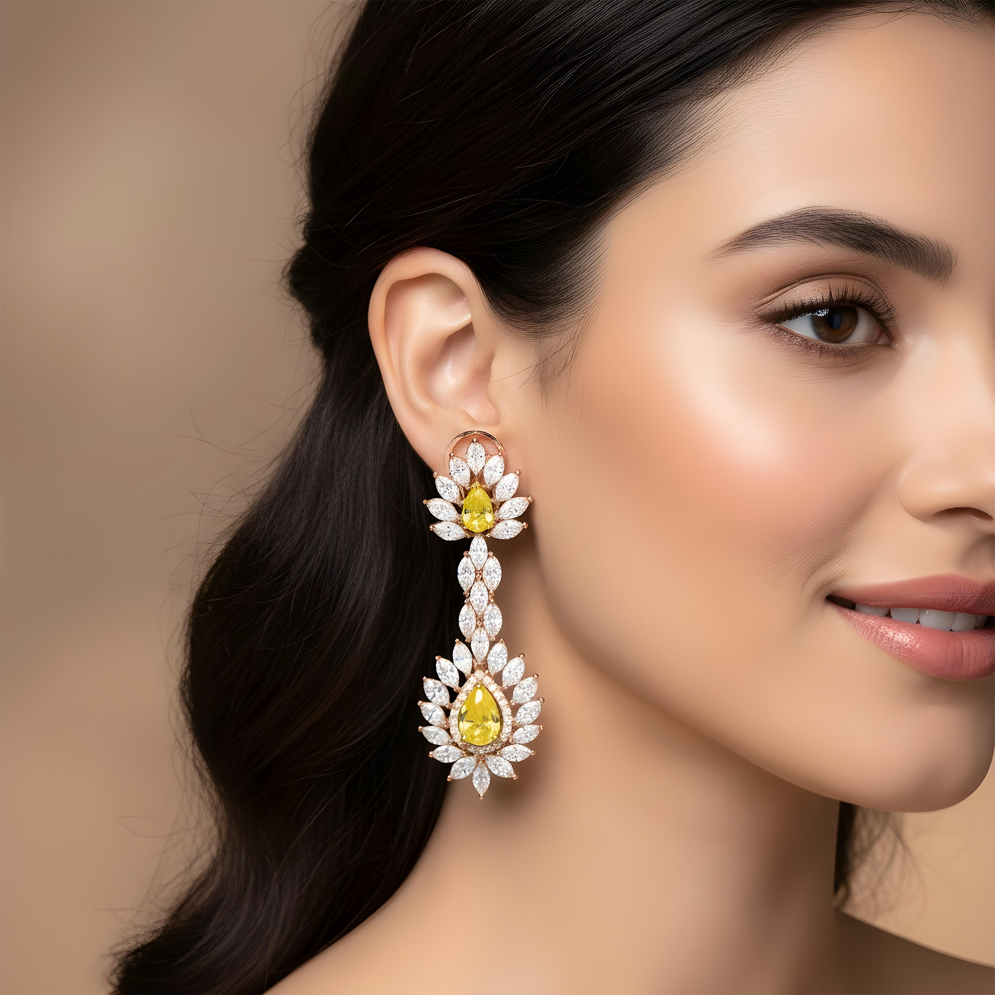 14K White Gold Multi Cut Fancy Yellow Drop Earrings 13.64ctw