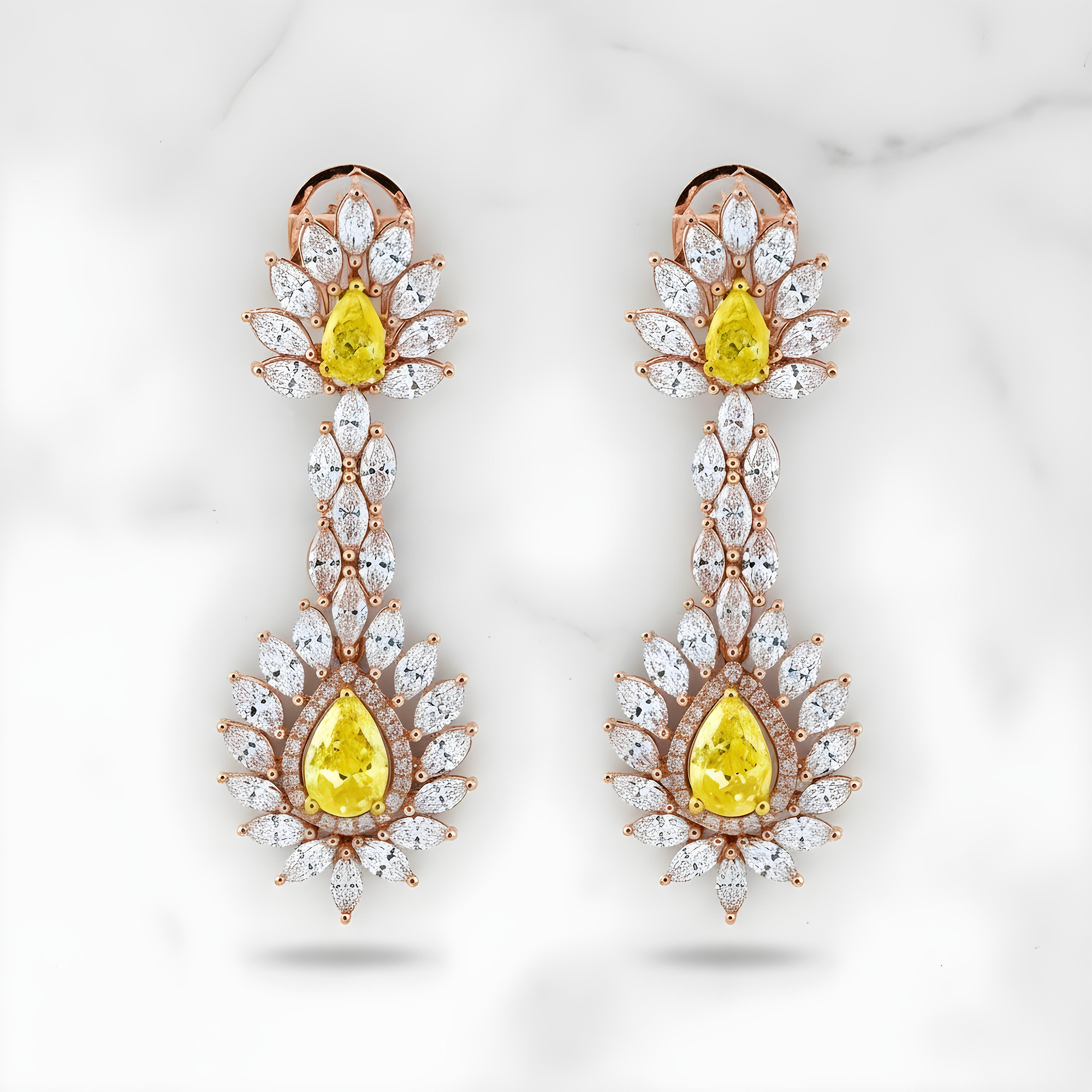 14K White Gold Multi Cut Fancy Yellow Drop Earrings 13.64ctw