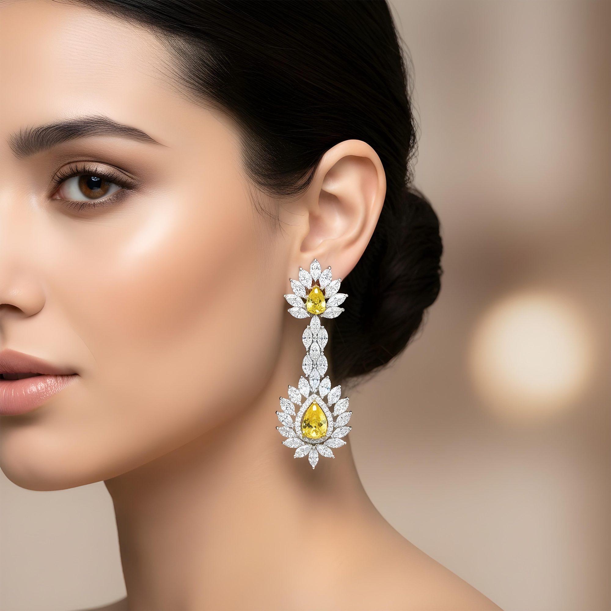 14K White Gold Multi Cut Fancy Yellow Drop Earrings 13.64ctw