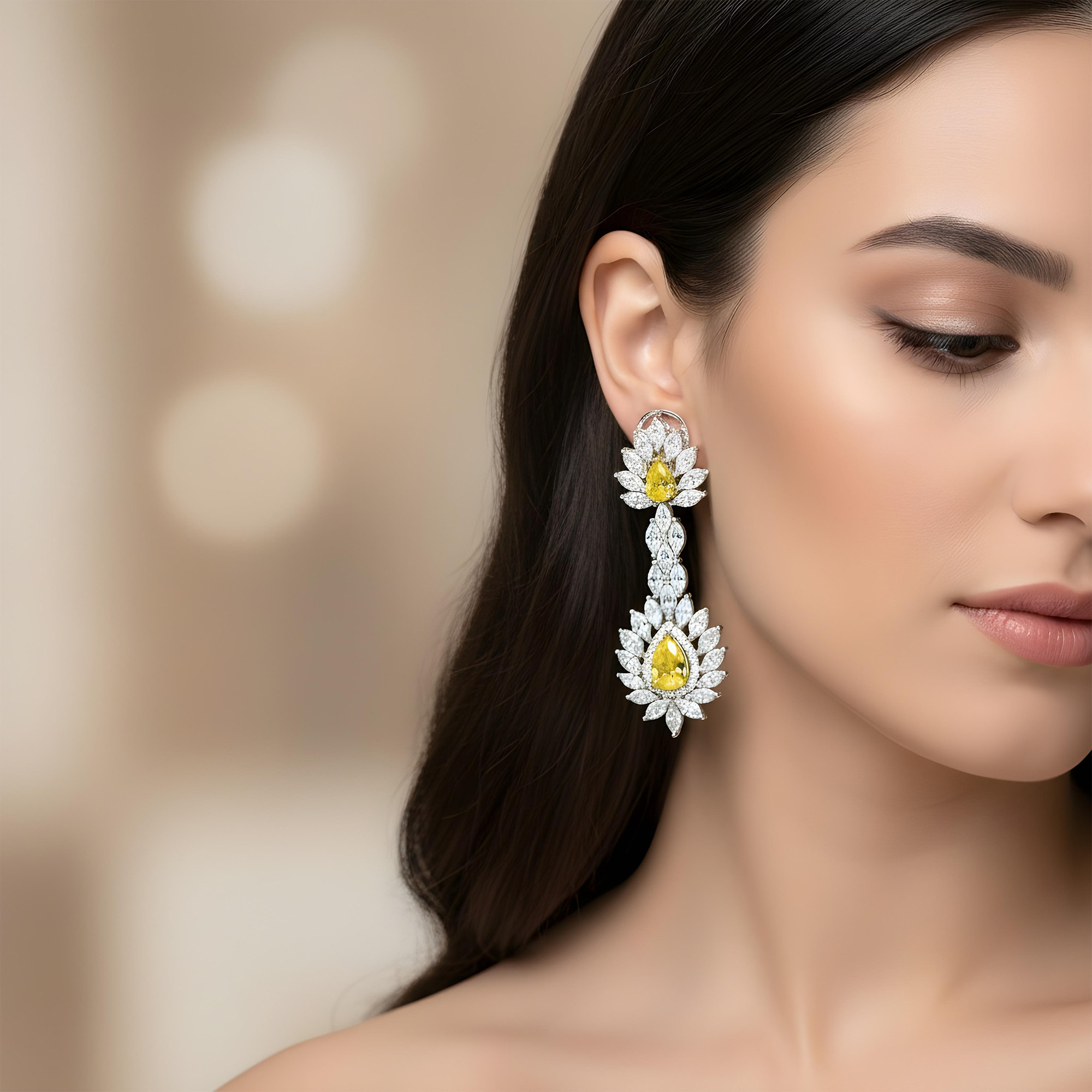 14K White Gold Multi Cut Fancy Yellow Drop Earrings 13.64ctw