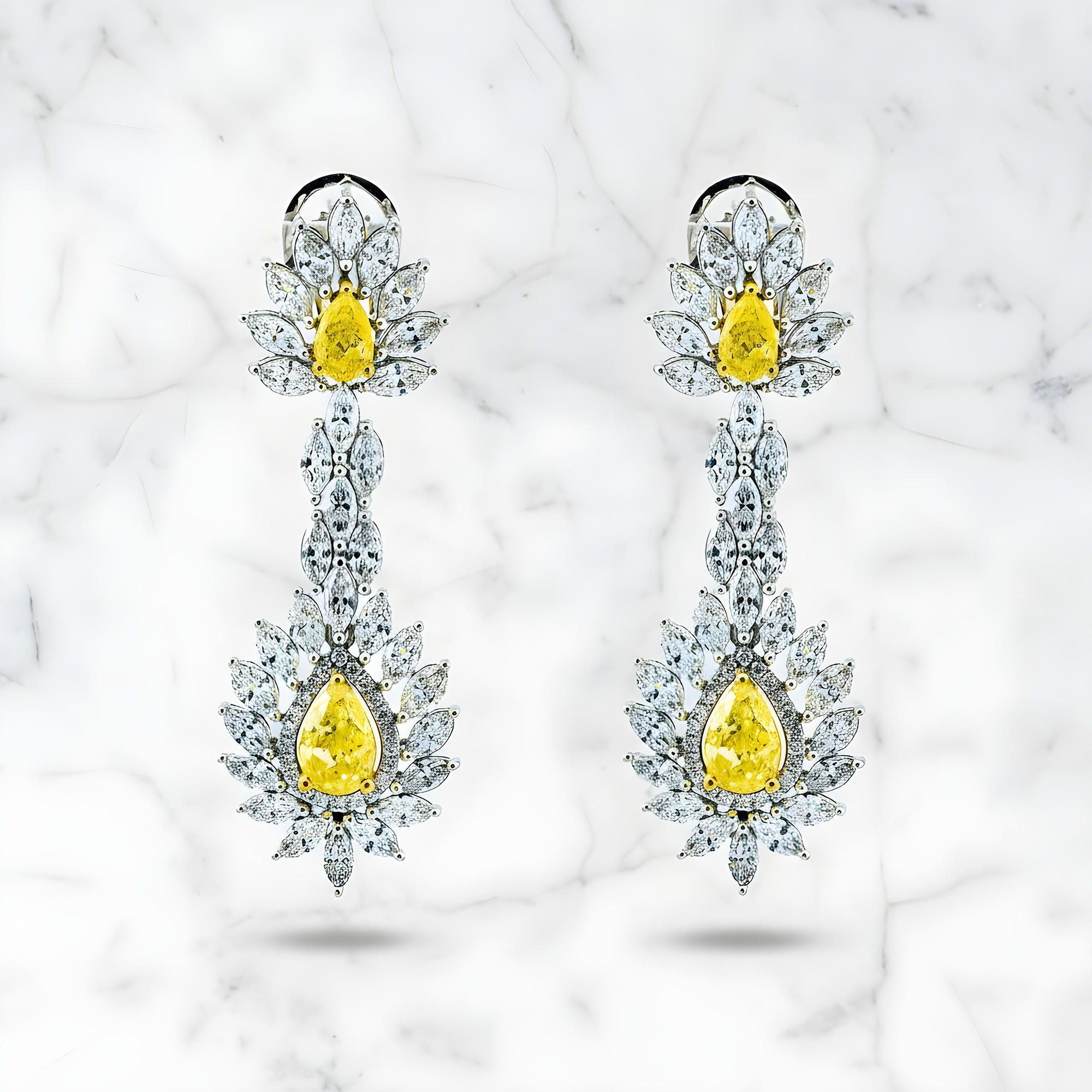 14K White Gold Multi Cut Fancy Yellow Drop Earrings 13.64ctw