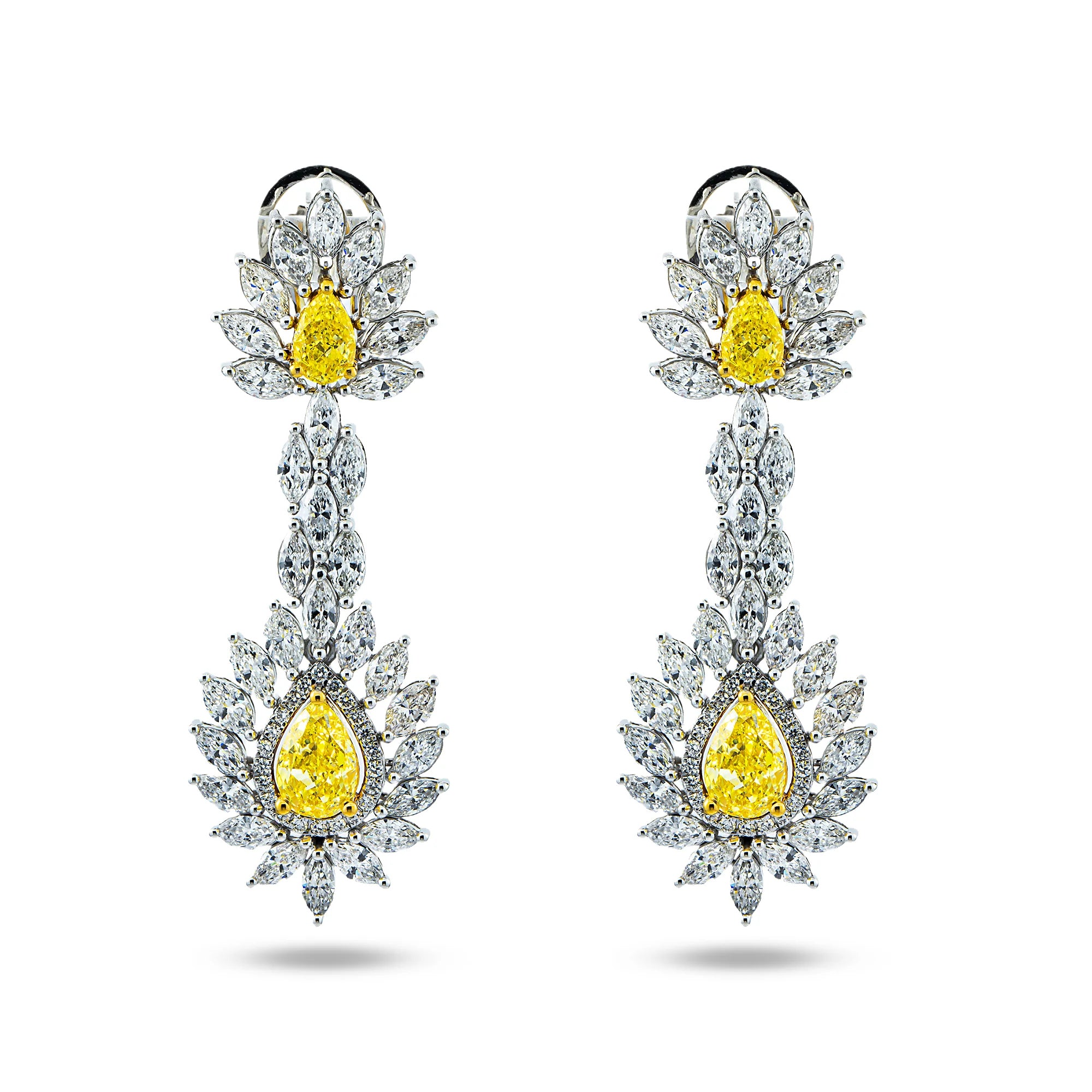 14K White Gold Multi Cut Fancy Yellow Drop Earrings 13.64ctw