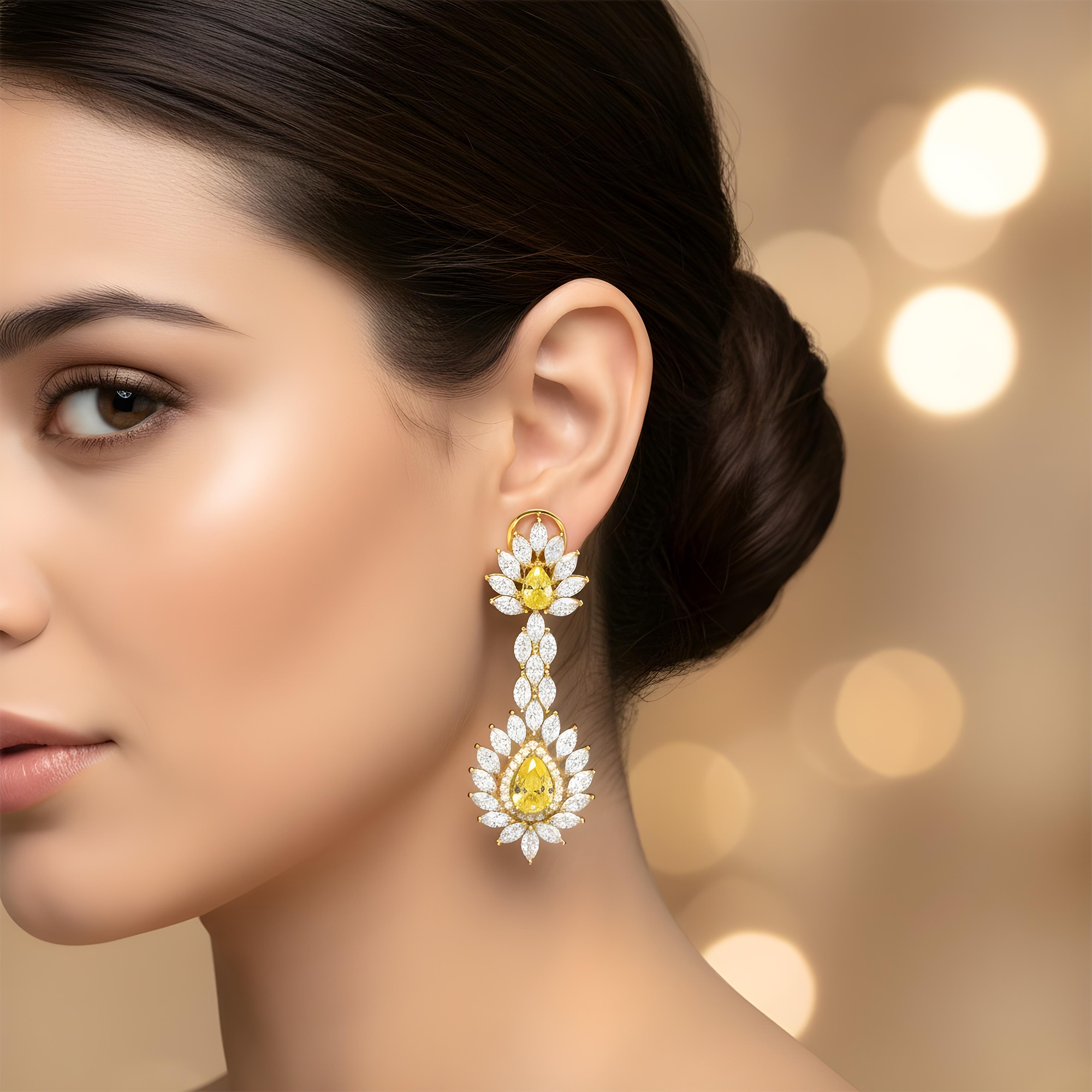 14K White Gold Multi Cut Fancy Yellow Drop Earrings 13.64ctw