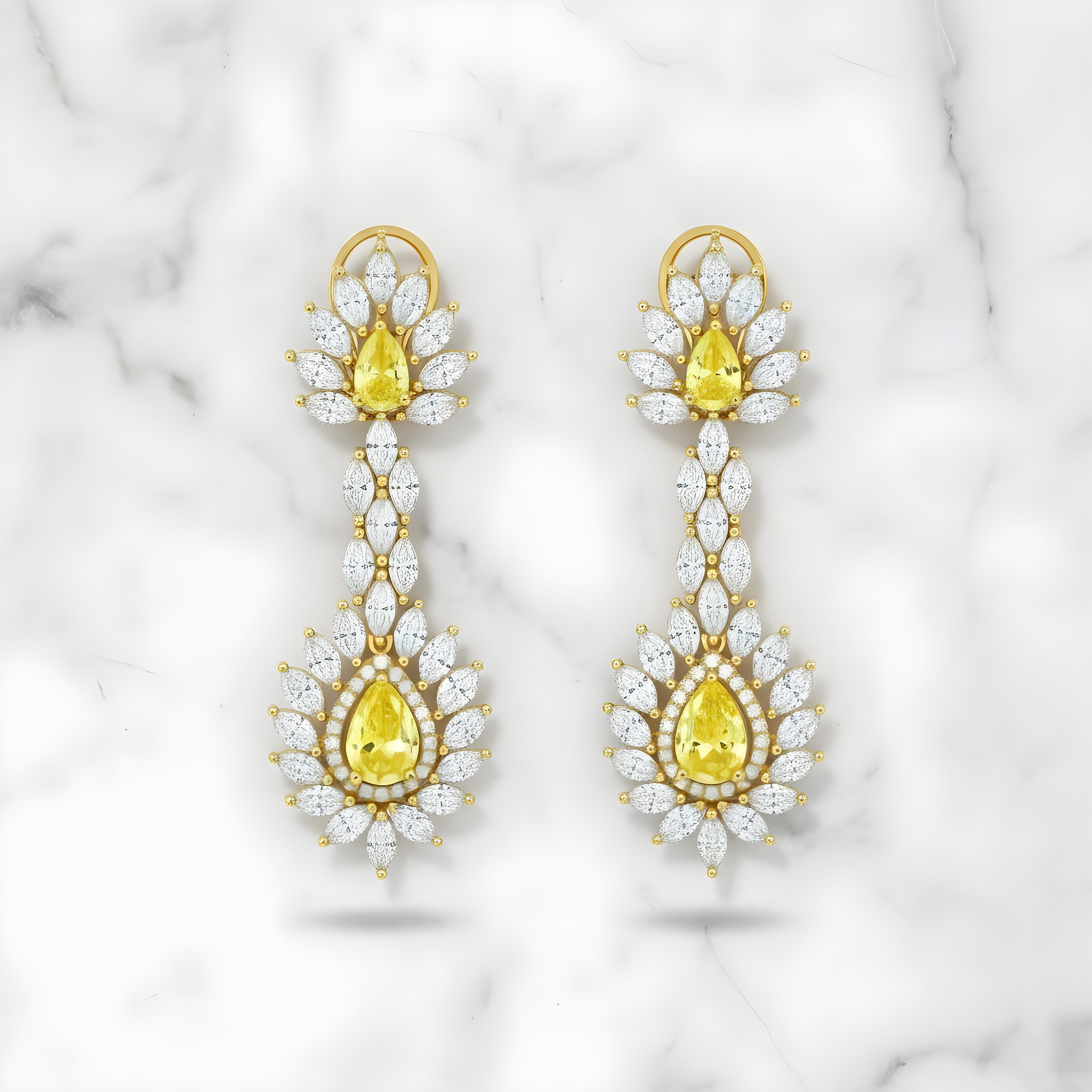 14K White Gold Multi Cut Fancy Yellow Drop Earrings 13.64ctw