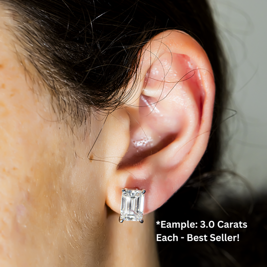 Choose Your Size - 14K White Gold Solitaire Emerald Diamond Stud Earrings (1.0ct-10ct total)