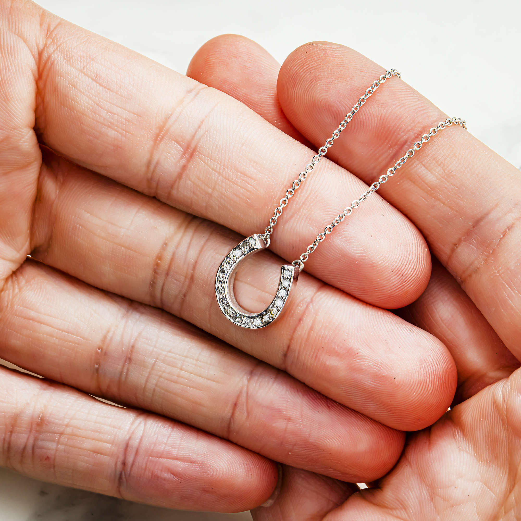 14K White Gold Round Diamond Horseshoe Pendant Necklace 0.45ct