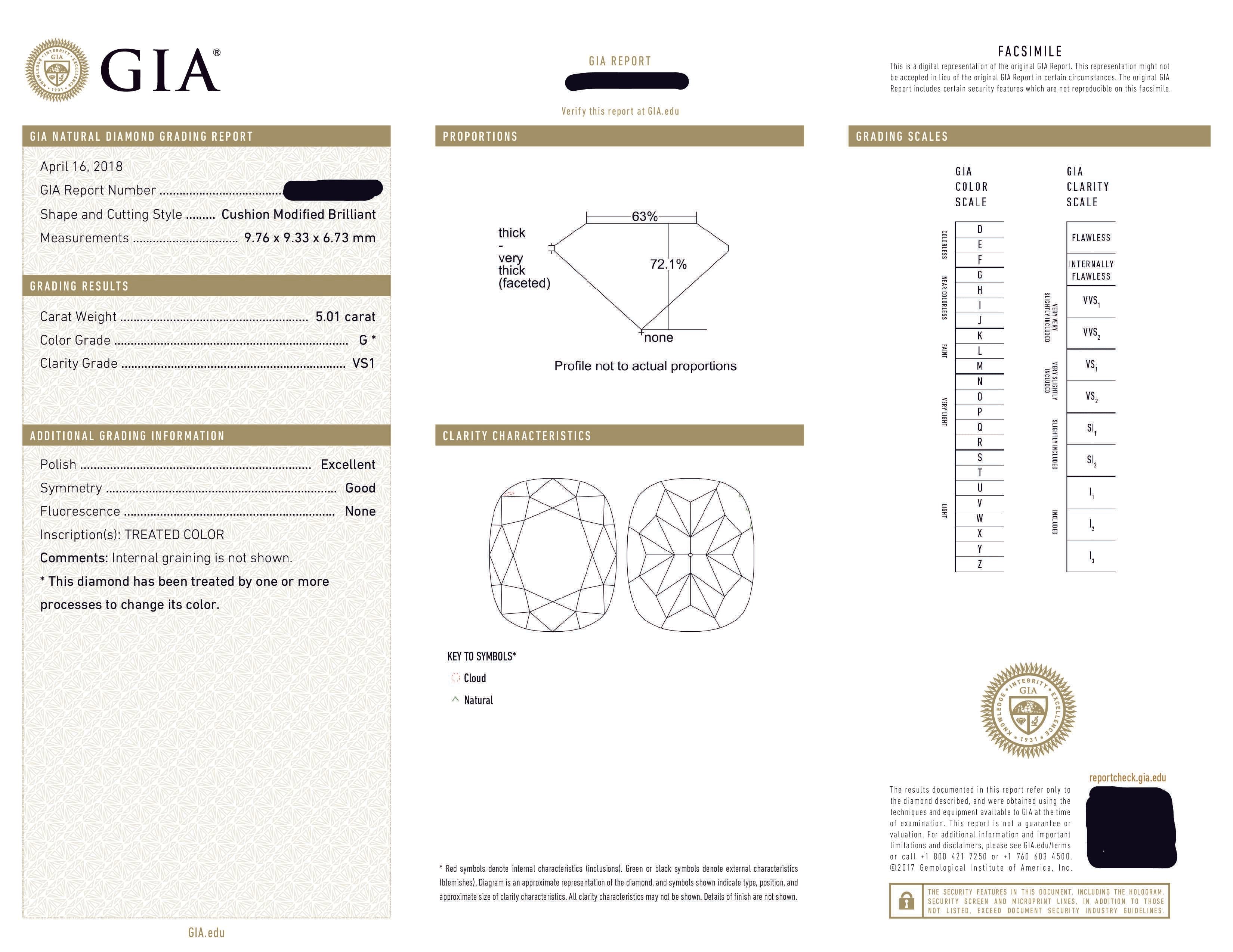 Gia 18K White Gold 5.01Ct Cushion Cut Diamond Engagement Ring 5.41Ctw Bridal