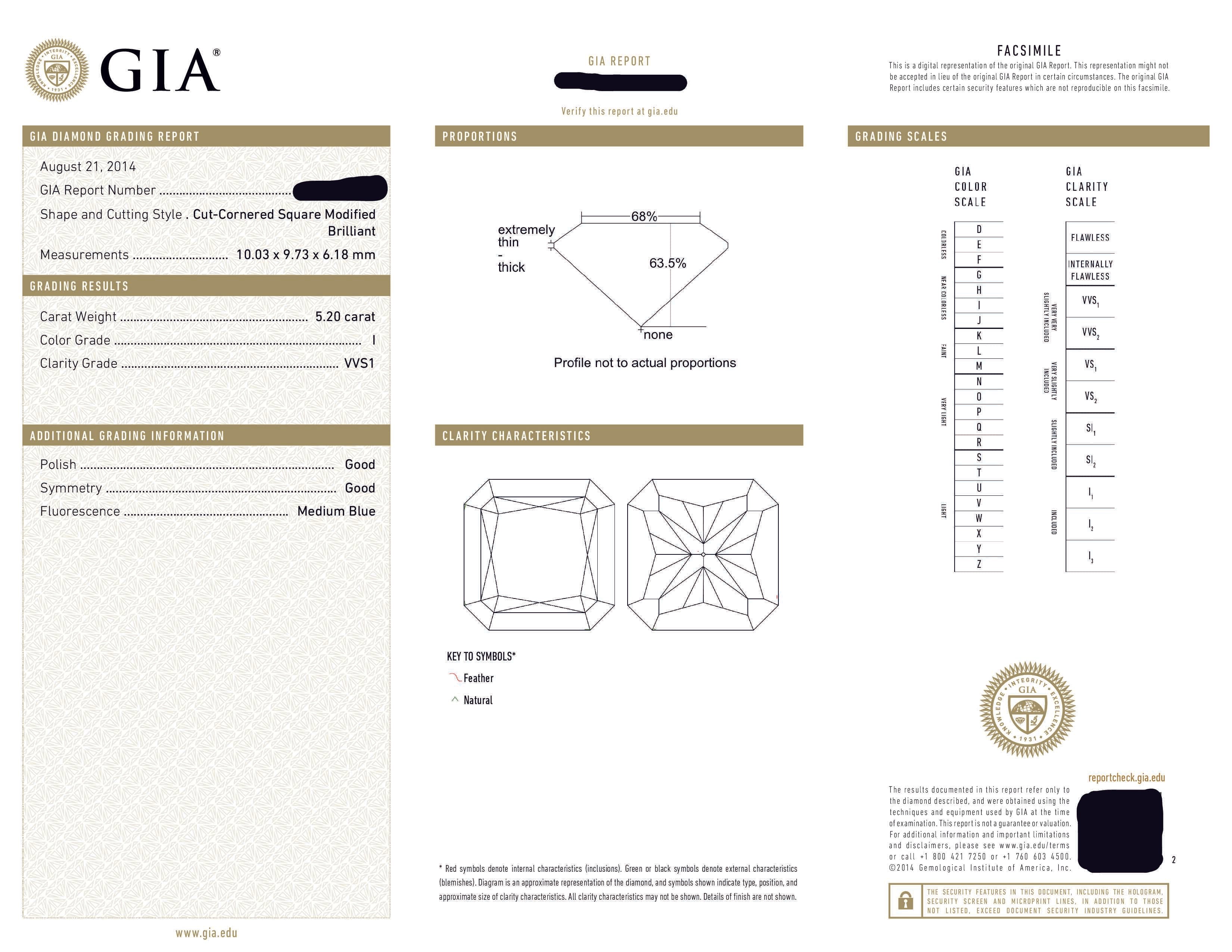 Gia 18K White Gold 5.20Ct Square Radiant Cut Diamond Engagement Ring 6.89Ctw Bridal