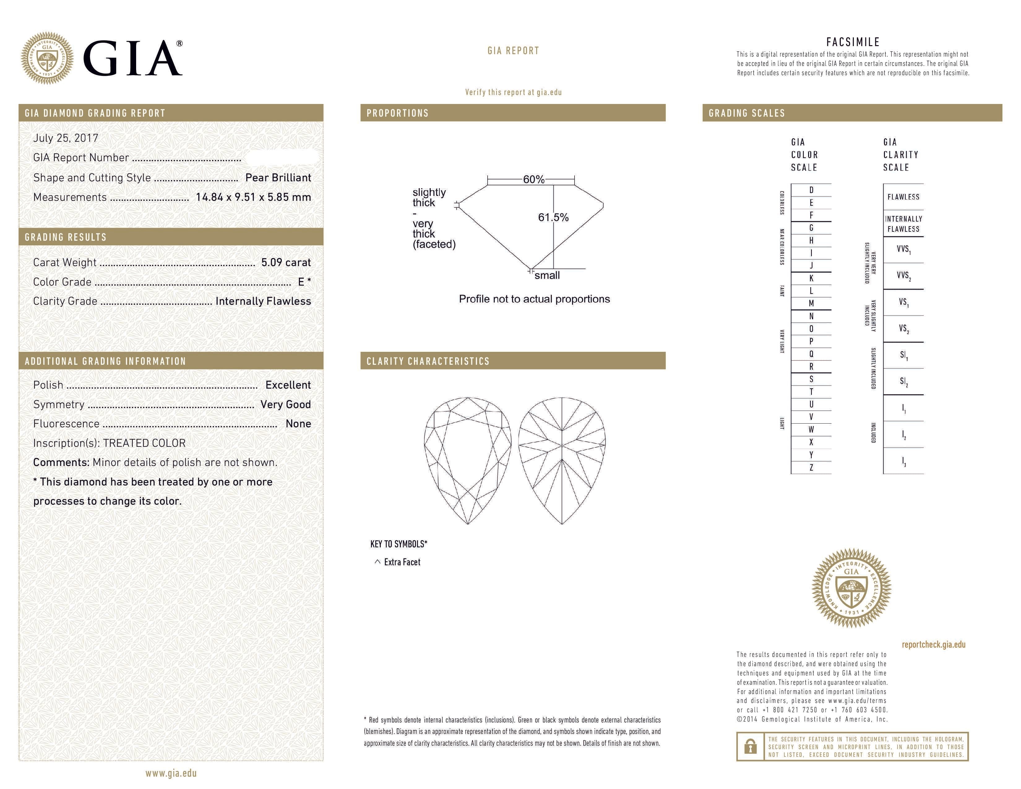Gia Platinum 5.09Ct Internally Flawless Pear Cut Diamond Engagement Ring 6.89Ctw Bridal