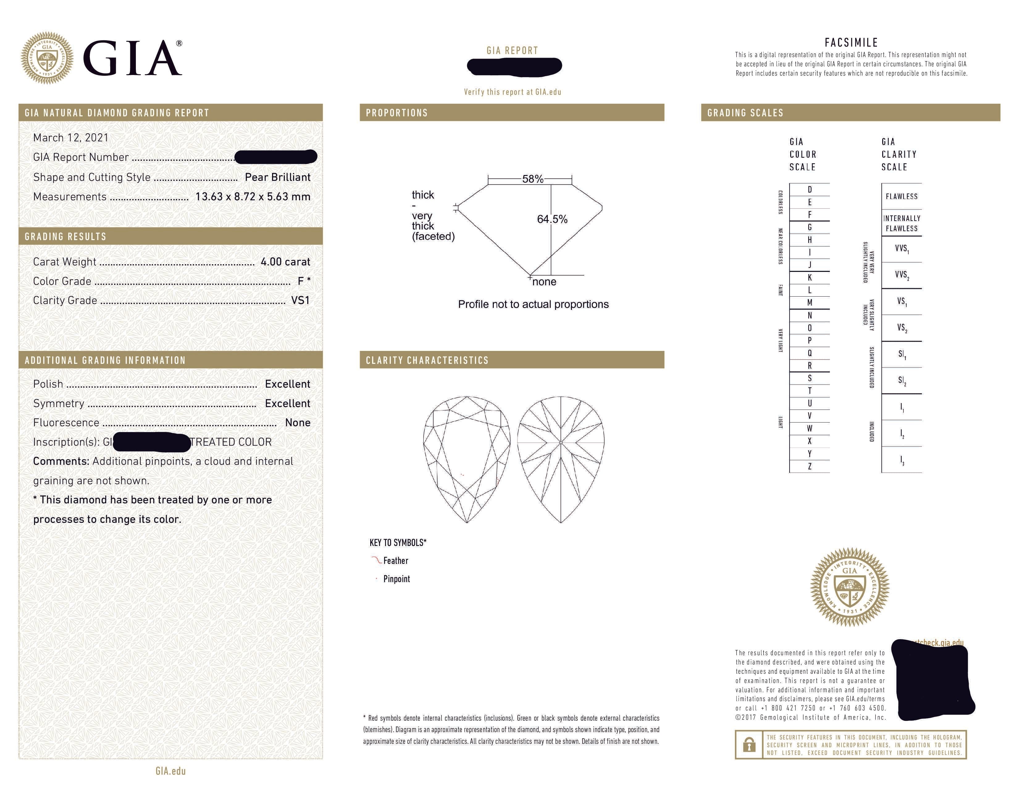 Gia Platinum 4.0Ct Pear Cut Diamond Engagement Ring 4.95Ctw Bridal