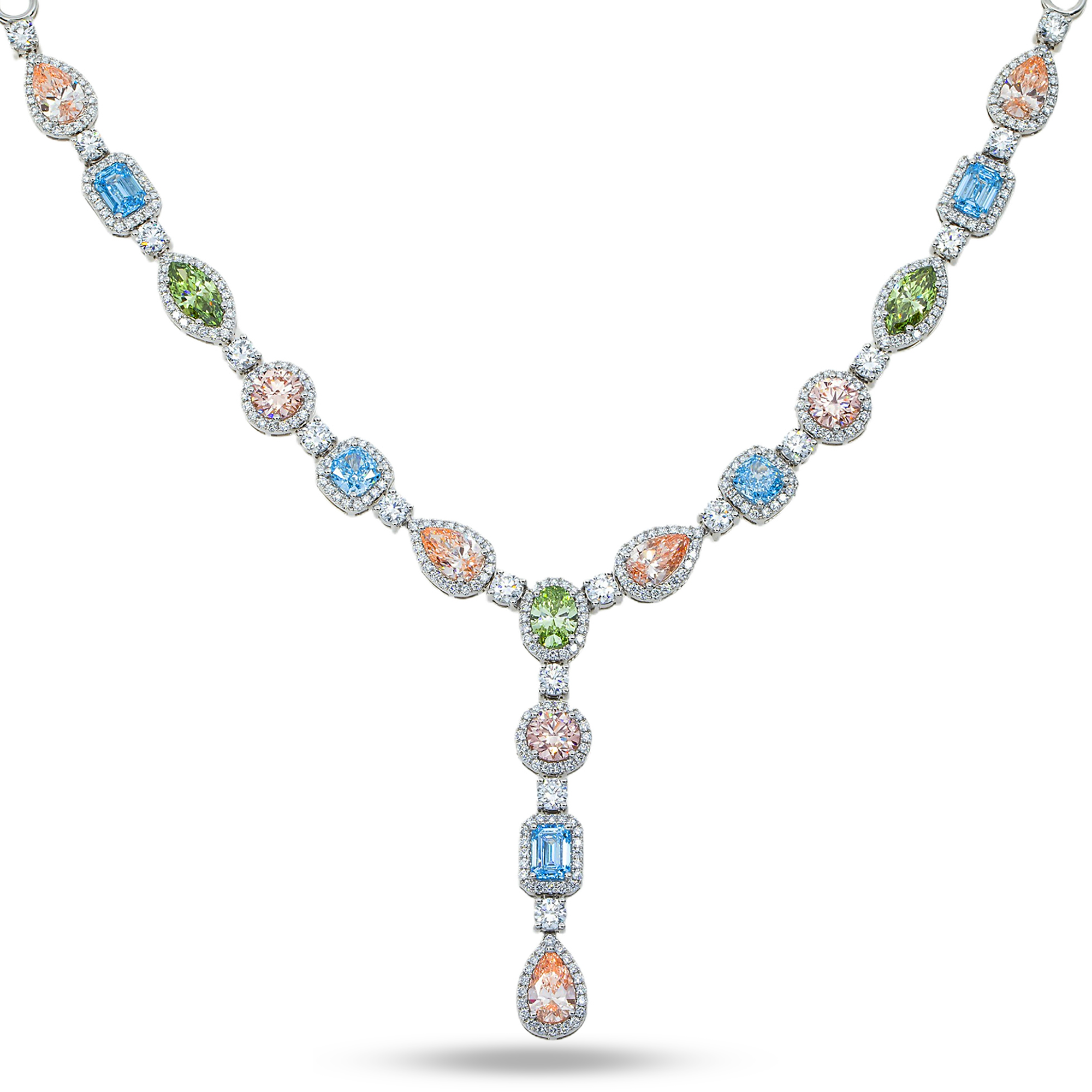 18K White Gold Multi Cut Fancy Color Diamond Drop Necklace 22.94Ct (Matching Set) Necklace