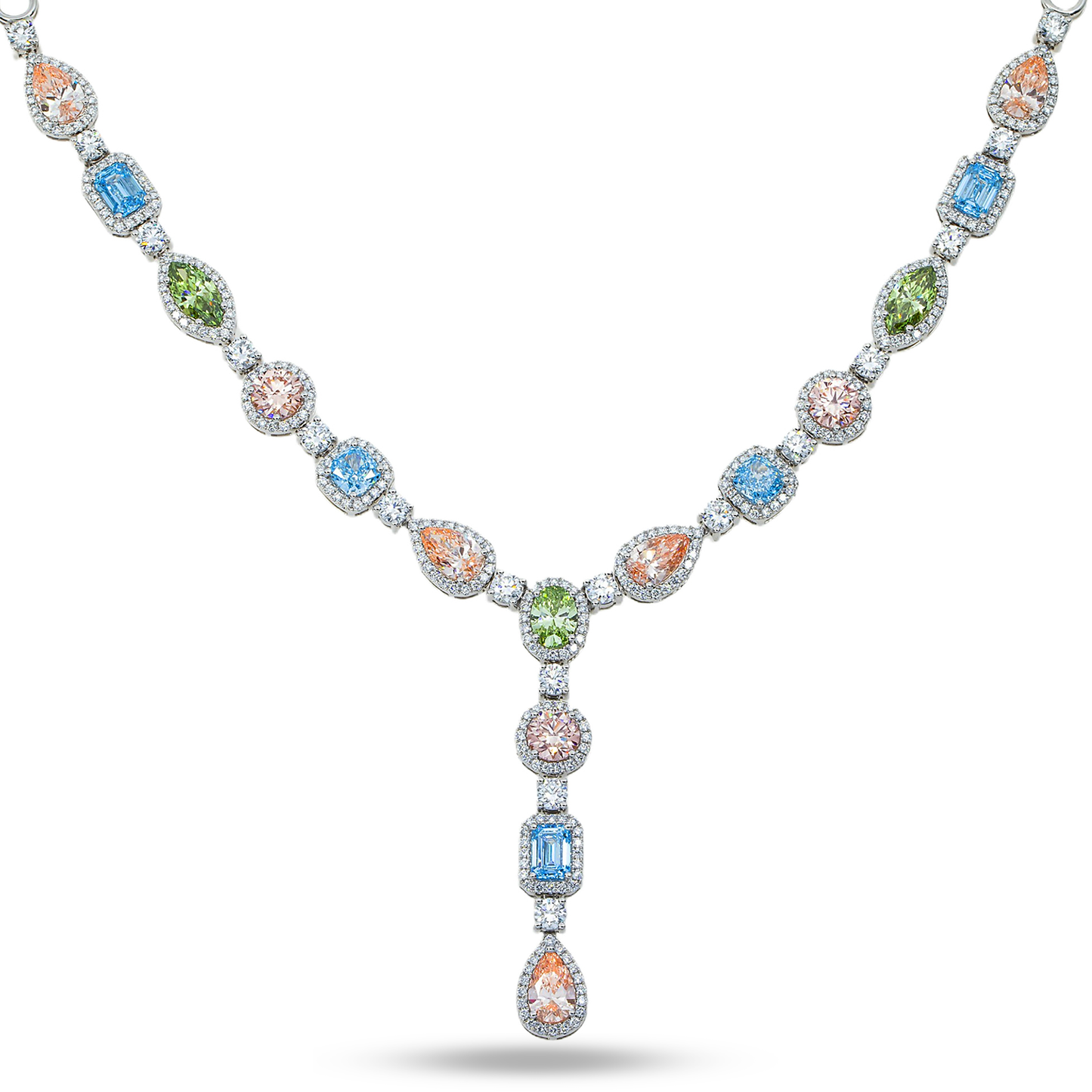 18K White Gold Multi Cut Fancy Color Diamond Drop Necklace 22.94ct (matching set)