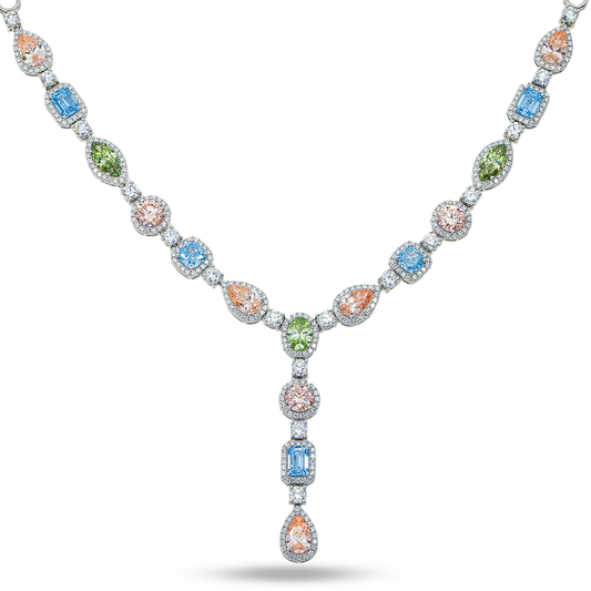 18K White Gold Multi Cut Fancy Color Diamond Drop Necklace 22.94ct (matching set)