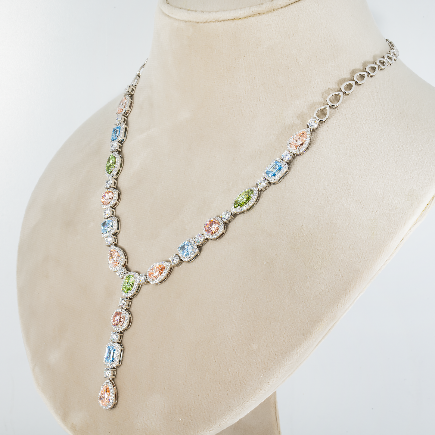 18K White Gold Multi Cut Fancy Color Diamond Drop Necklace 22.94ct (matching set)