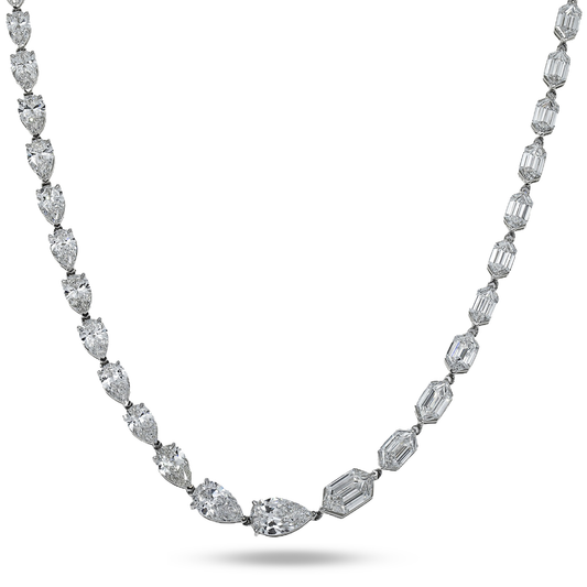 14K White Gold Step Cut Hexagon & Pear Diamond Chain 33.26ct