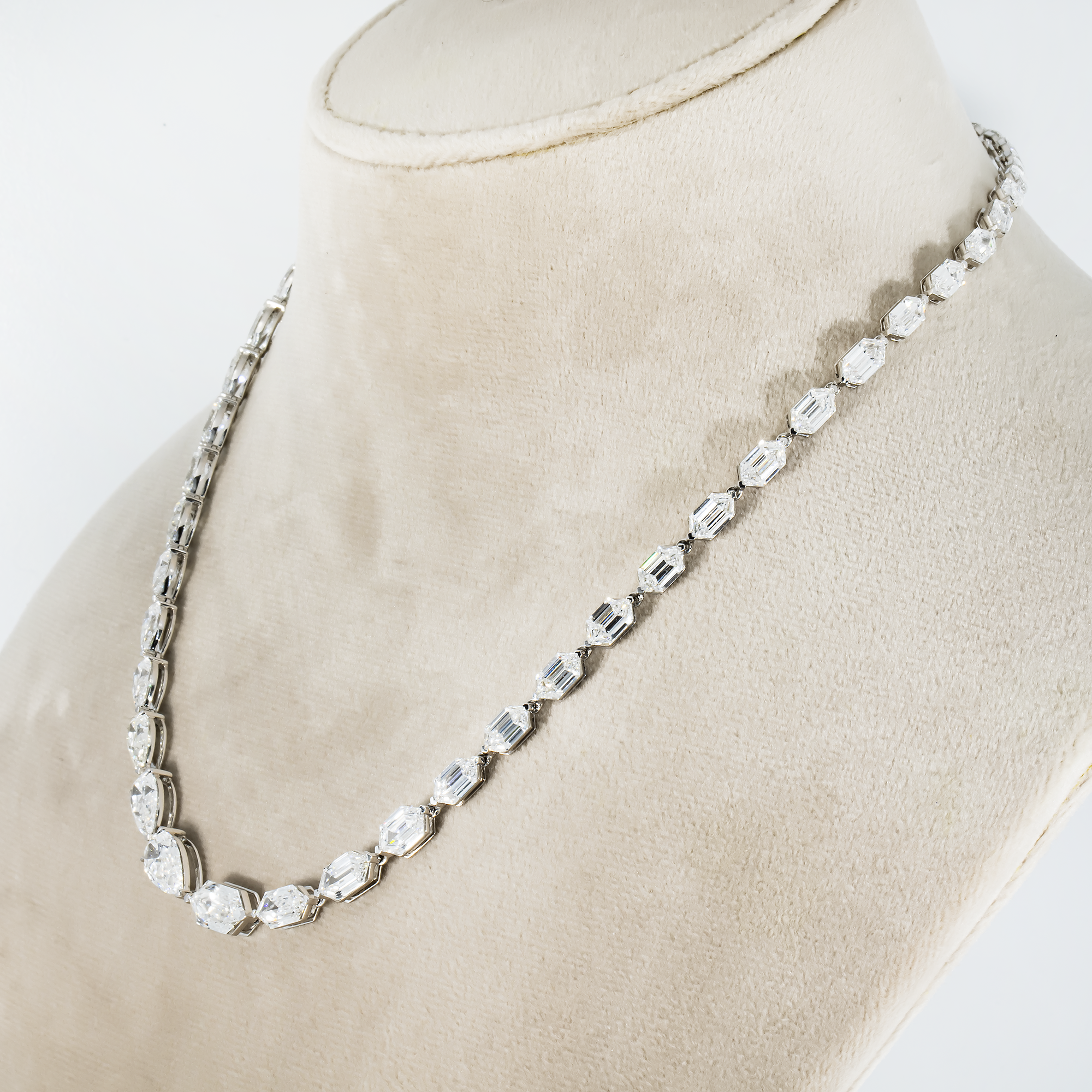 14K White Gold Step Cut Hexagon & Pear Diamond Chain 33.26Ct Necklace