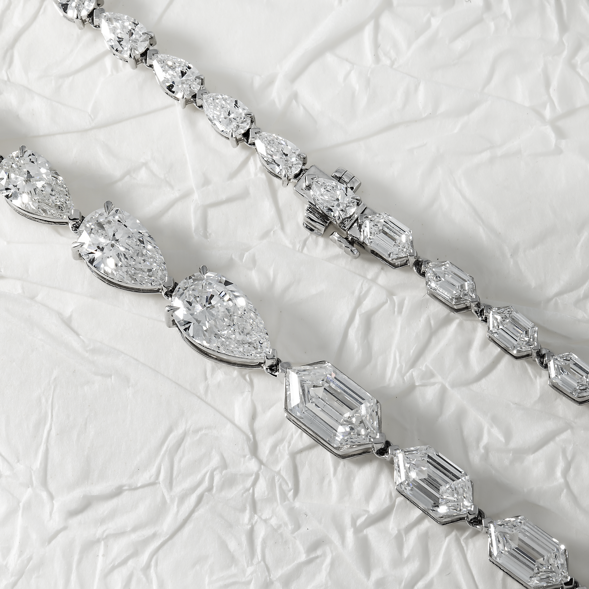 14K White Gold Step Cut Hexagon & Pear Diamond Chain 33.26Ct Necklace