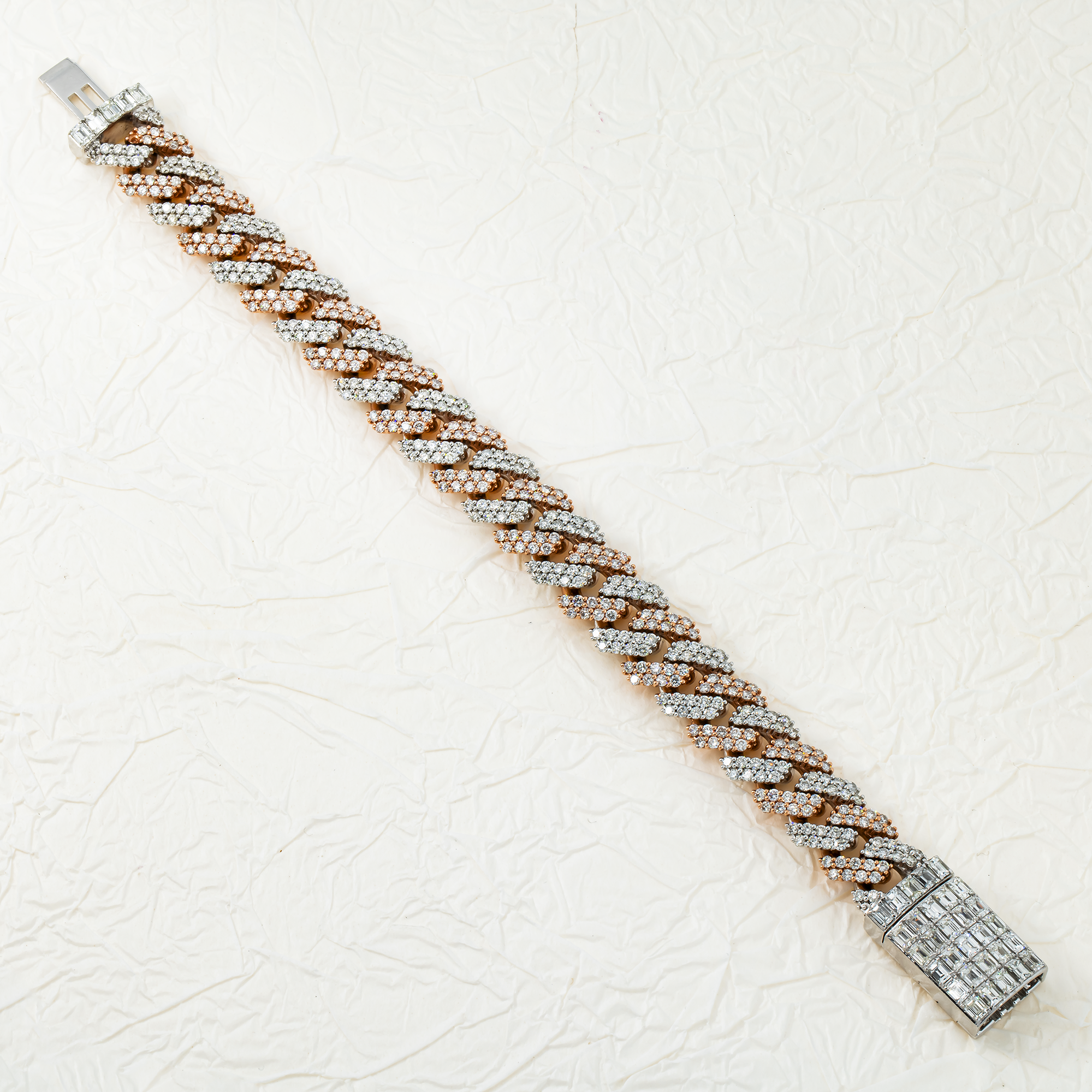 14K Two Tone 14Mm Rose Round & Emerald Cut Diamond Cuban Link Bracelet Bracelets