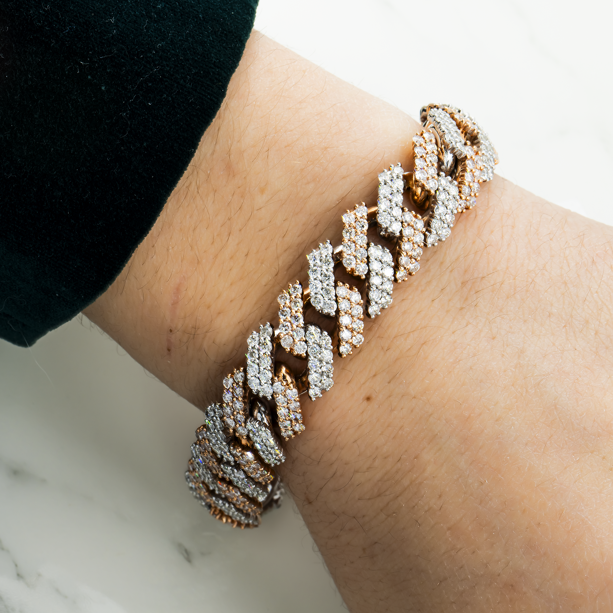 14K Two Tone 14Mm Rose Round & Emerald Cut Diamond Cuban Link Bracelet Bracelets