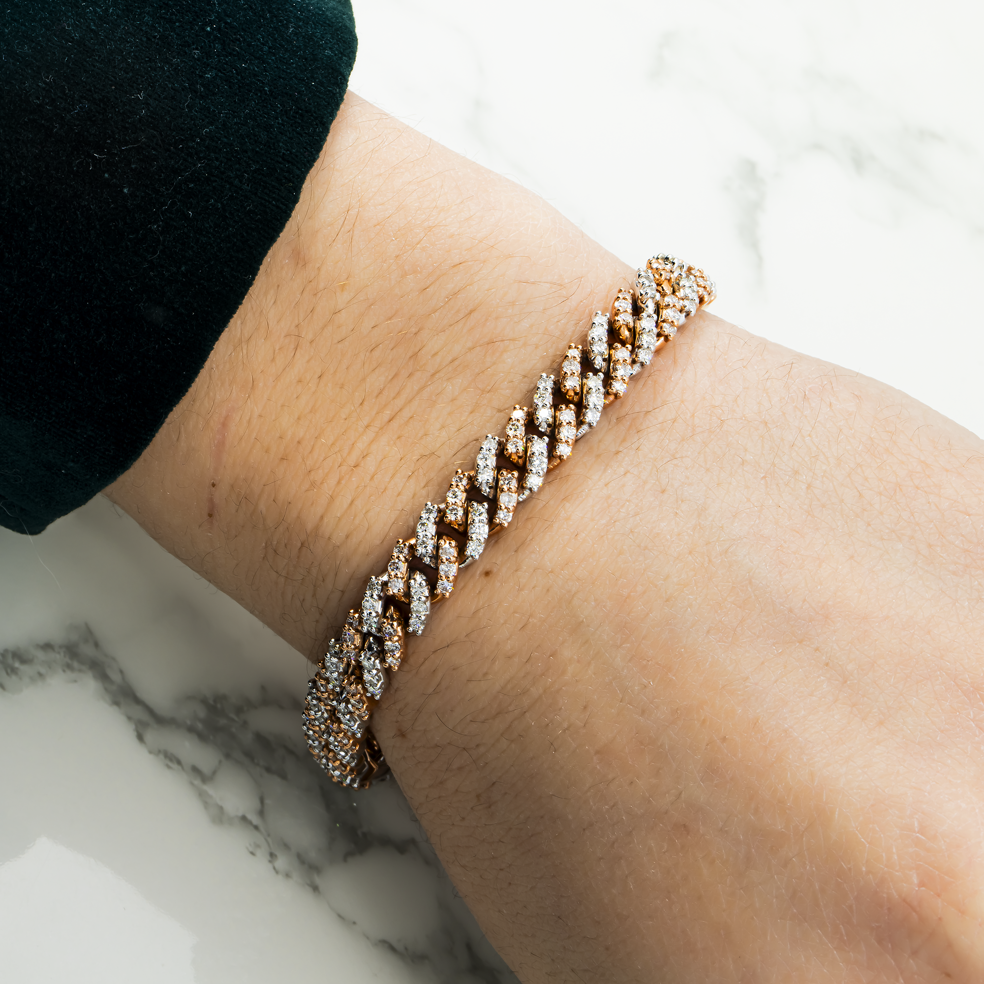 14K Two Tone 8Mm Round Diamond Cuban Link Bracelet 5.28Ct Bracelets