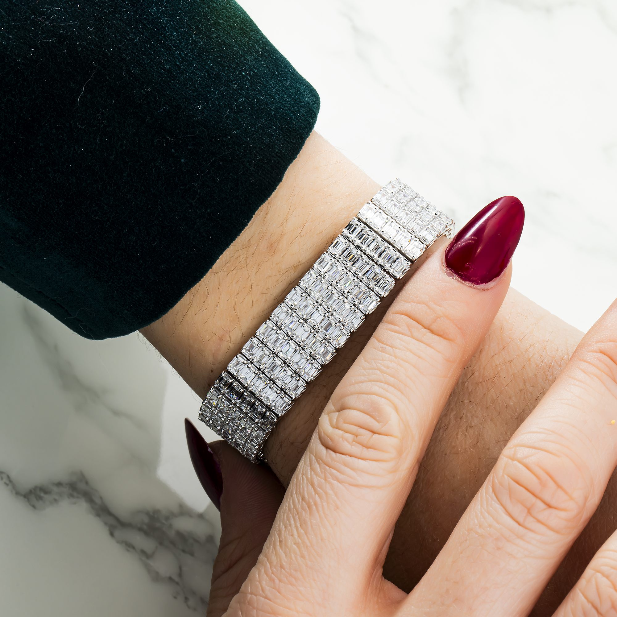 14K White Gold Five Row Emerald Cut Diamond Bracelets