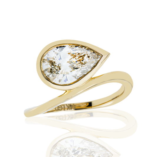 14K Yellow Gold Floating Bezel Set Pear Cut Diamond Ring 2.02ct