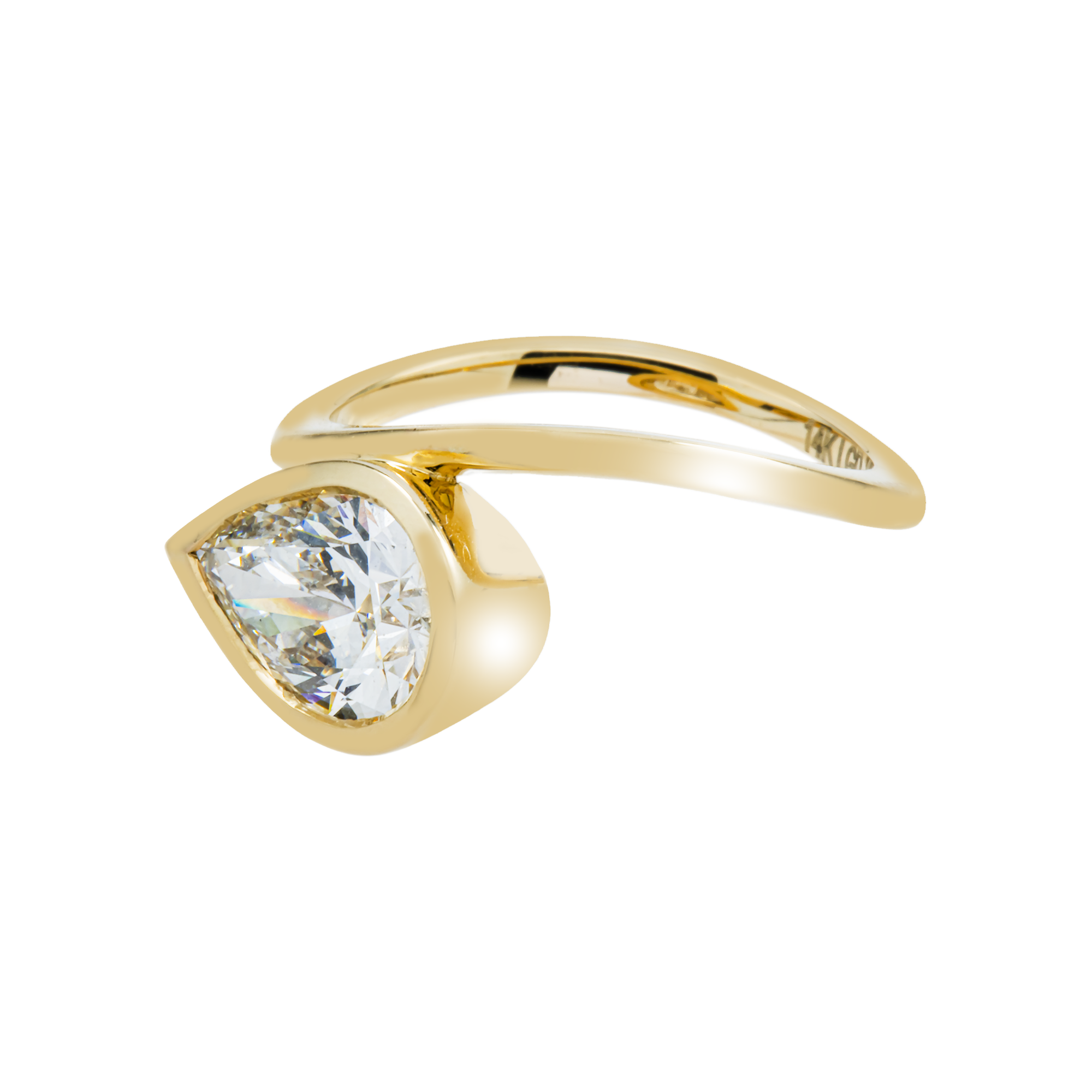 14K Yellow Gold Floating Bezel Set Pear Cut Diamond Ring 2.02ct